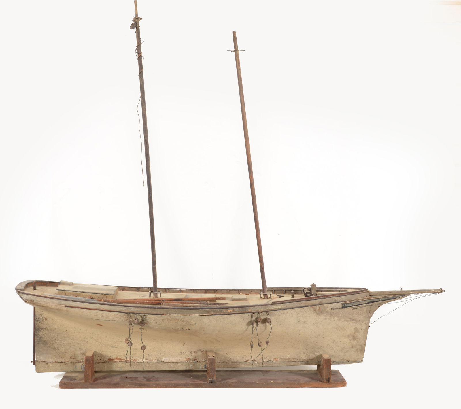 Carved and painted 2 masted ships model, H Norton. No rigging, on stand, as is. Length 58 in, width (1 of 6)