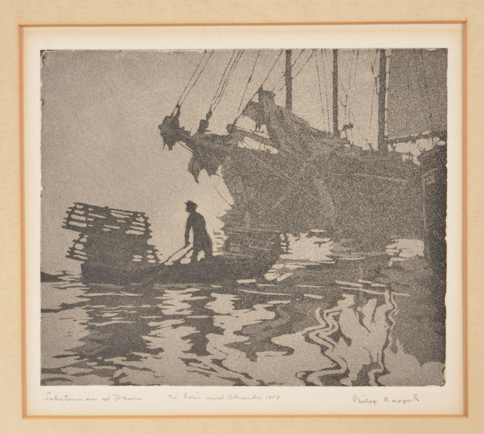 Philip Kappel. "Lobsterman of Dawn". Aquatint of a lobster fisherman set against early morning fog. (1 of 5)