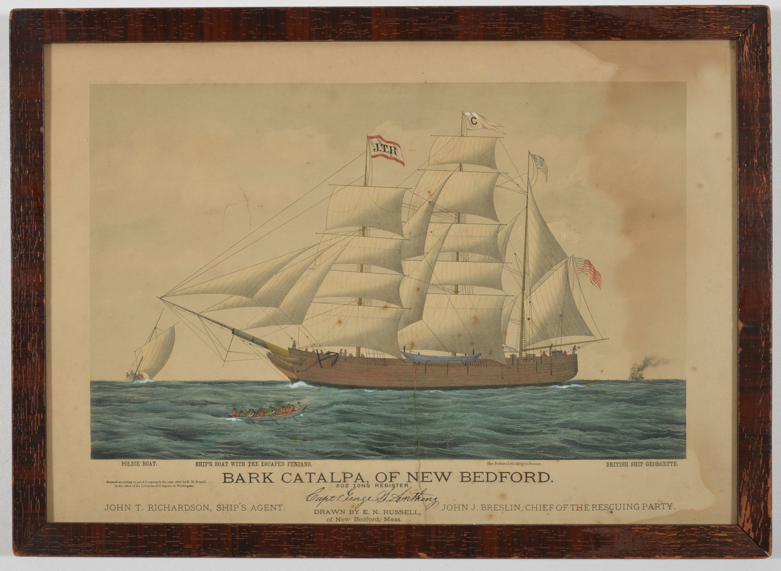 Unusual 1876 lithograph of the Bark Catalpa, showing the escape of Irish Fenian prisoners, who had: Unusual 1876 lithograph of the Bark Catalpa, showing the escape of Irish Fenian prisoners, who had been smuggled out of a prison in Western Australia. Drawn by E.N. Russell and printed by The Forbes L