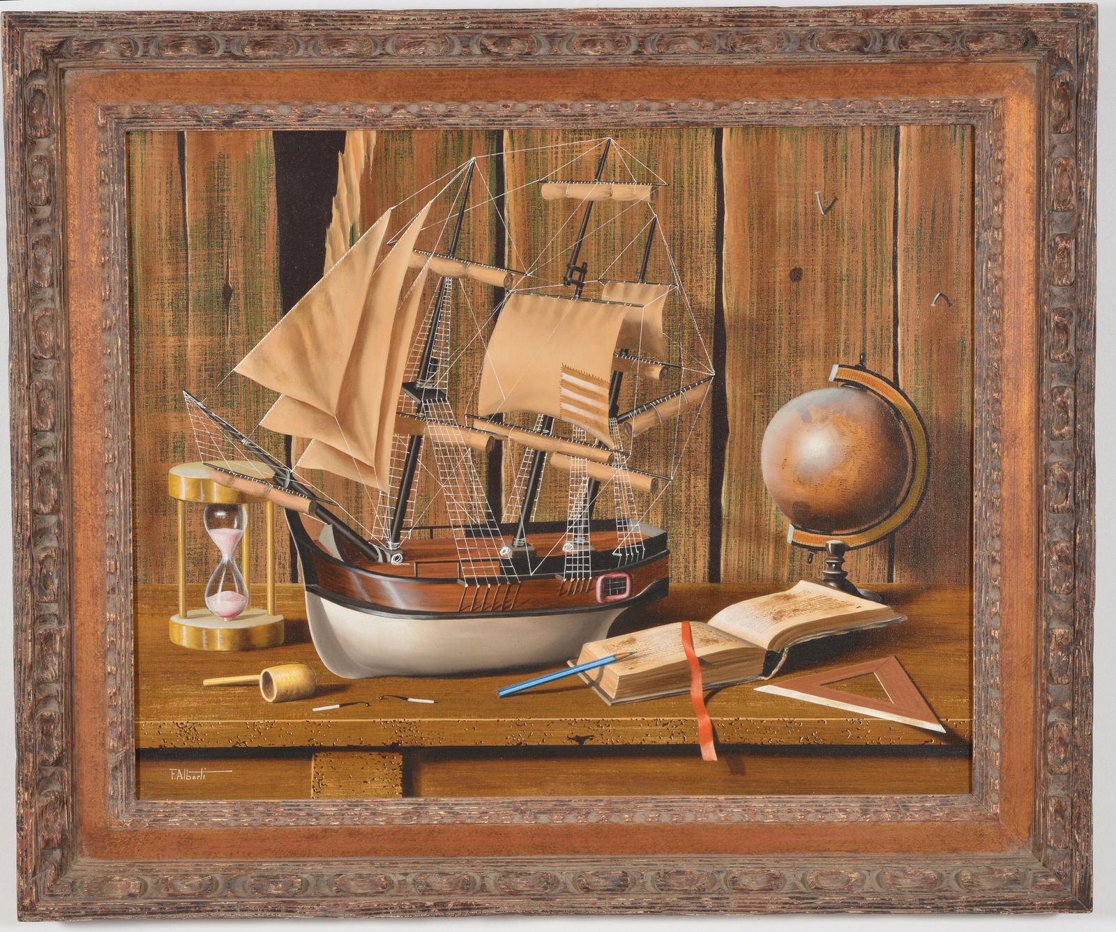 Francesco Alberti. Trompe l'oiel still life of model ship, book, globe, and hourglass. Oil on (1 of 7)