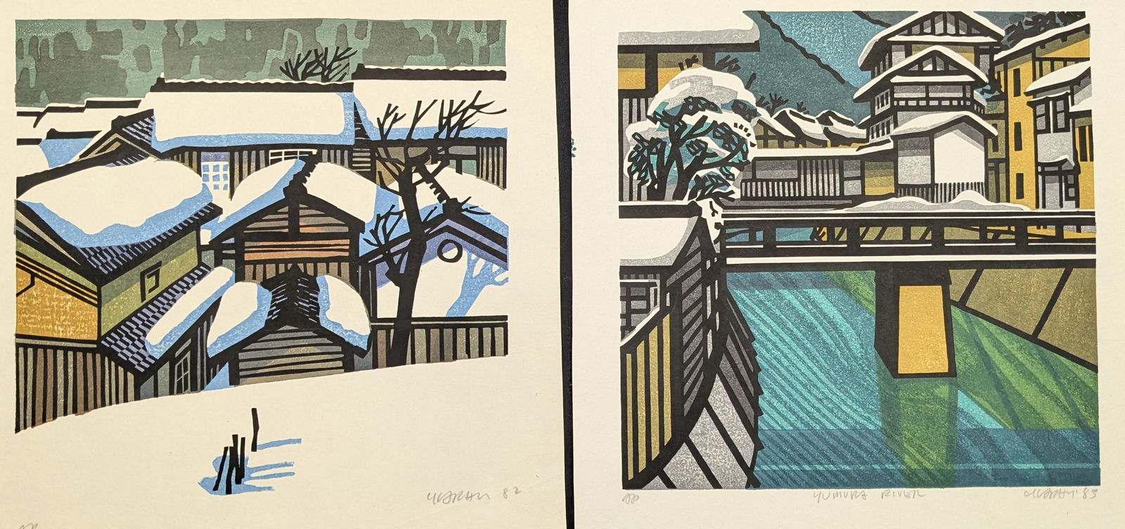 Clifton Karhu. 2 color woodblock prints. 1) "Yumura River". Winter village landscape with river. (1 of 5)