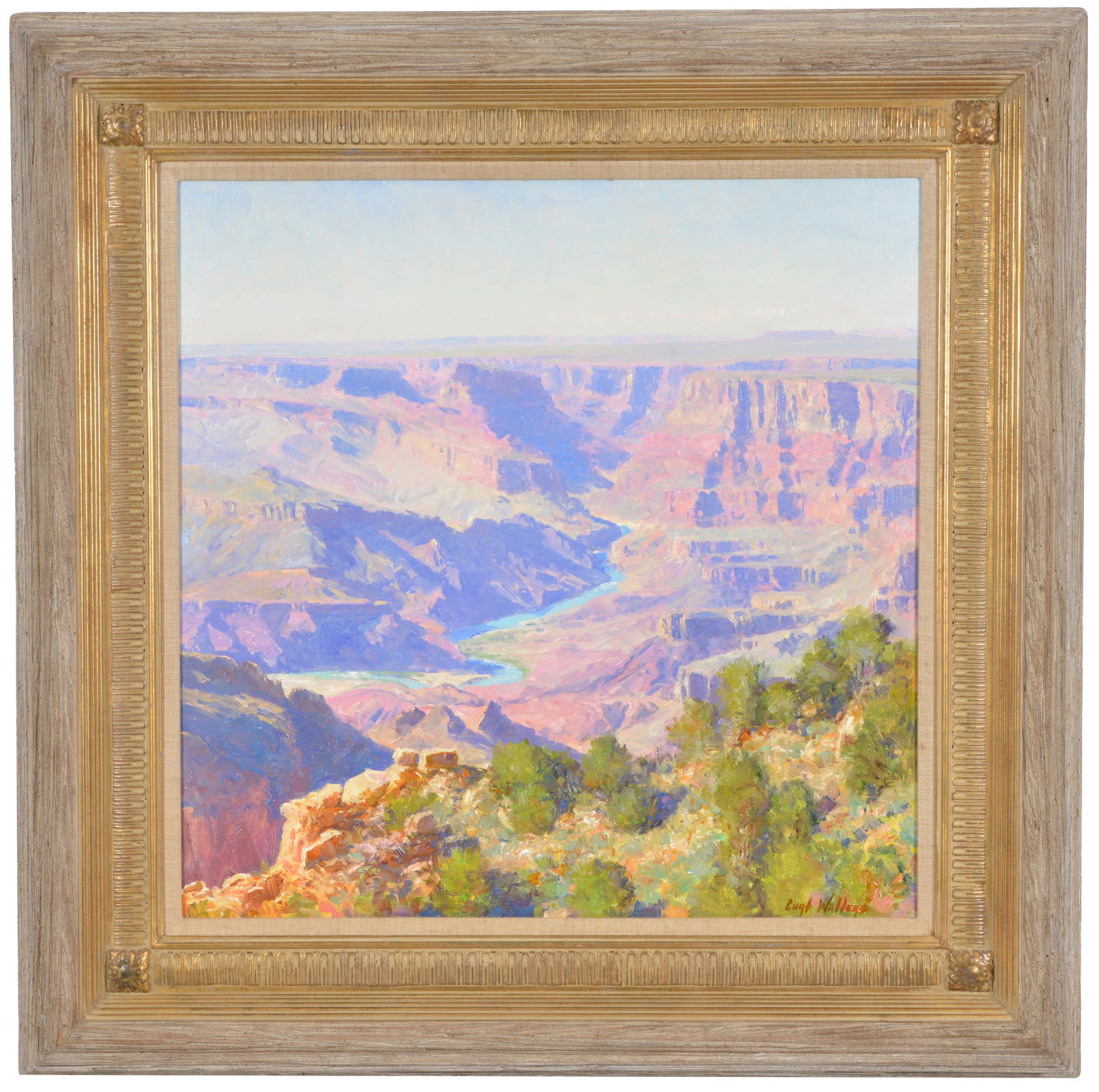 Curt Walters. "Desert View". Grand Canyon landscape. Oil on canvas. Signed lower right. Titled on: Curt Walters. "Desert View". Grand Canyon landscape. Oil on canvas. Signed lower right. Titled on stretcher. Original hanging gallery price tag. Framed. Sight: 24 x 24in. Overall: 34 x 34in.