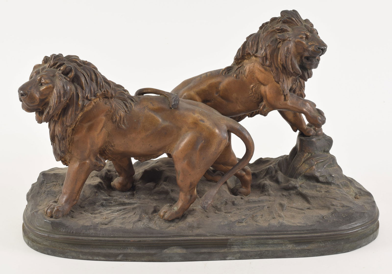 Early 20th century spelter sculpture of 2 lions. Signed indistinctly front right on base. 17.5in (1 of 7)
