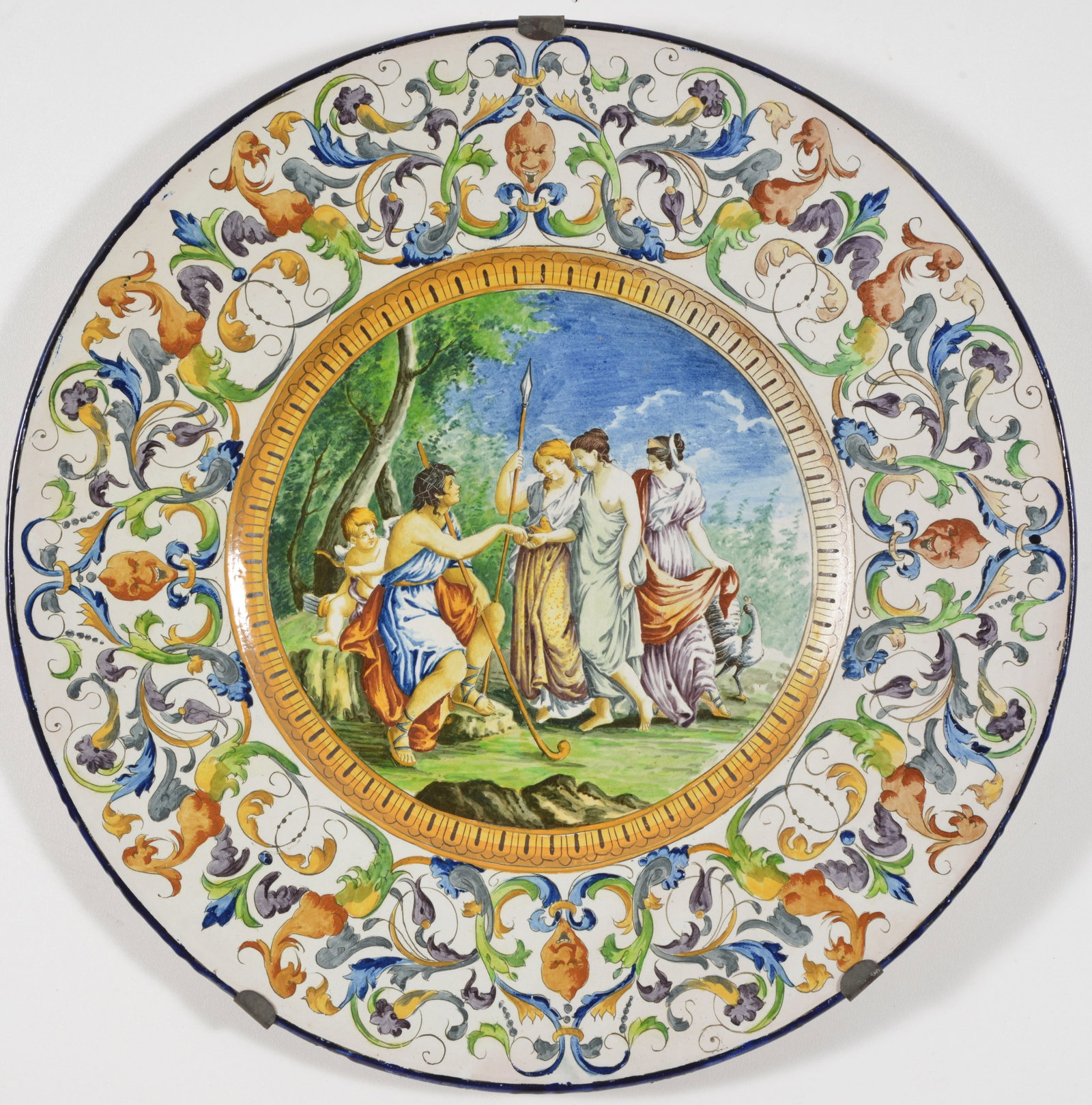 Italian majolica Renaissance revival charger, late 19th Century. Floral borders with allegory at: Italian majolica Renaissance revival charger, late 19th Century. Floral borders with allegory at center, The Judgment of Paris. Diameter 24 in
