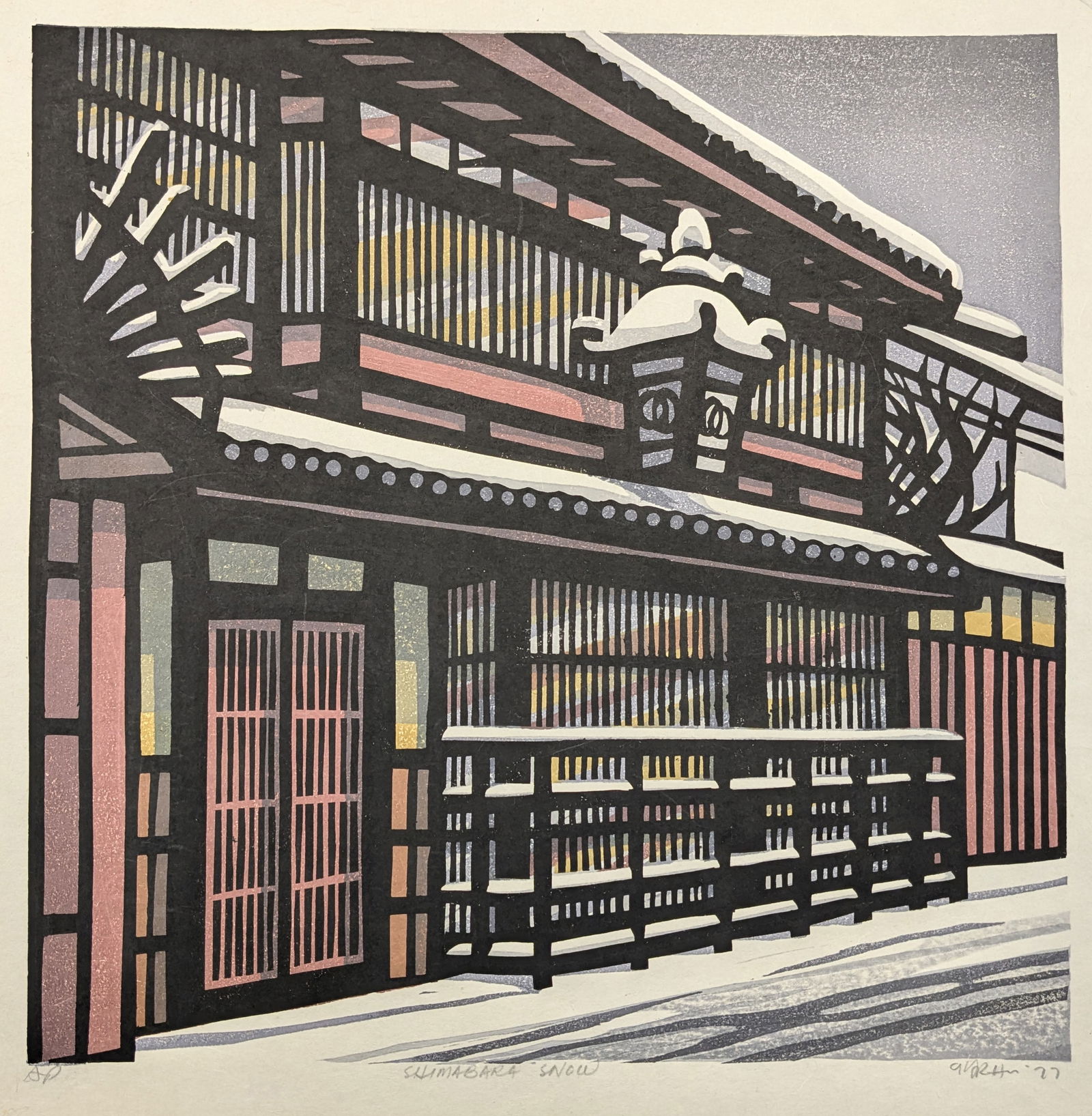Clifton Karhu. "Shimabara Snow". Color woodblock print of a winter street scene. Signed, titled, (1 of 4)