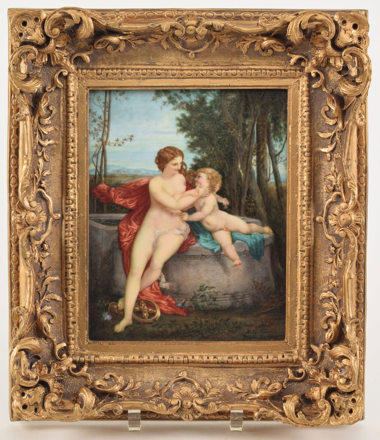 Continental painted porcelain plaque of classical allegory. Signed lower right. Framed (1 of 5)