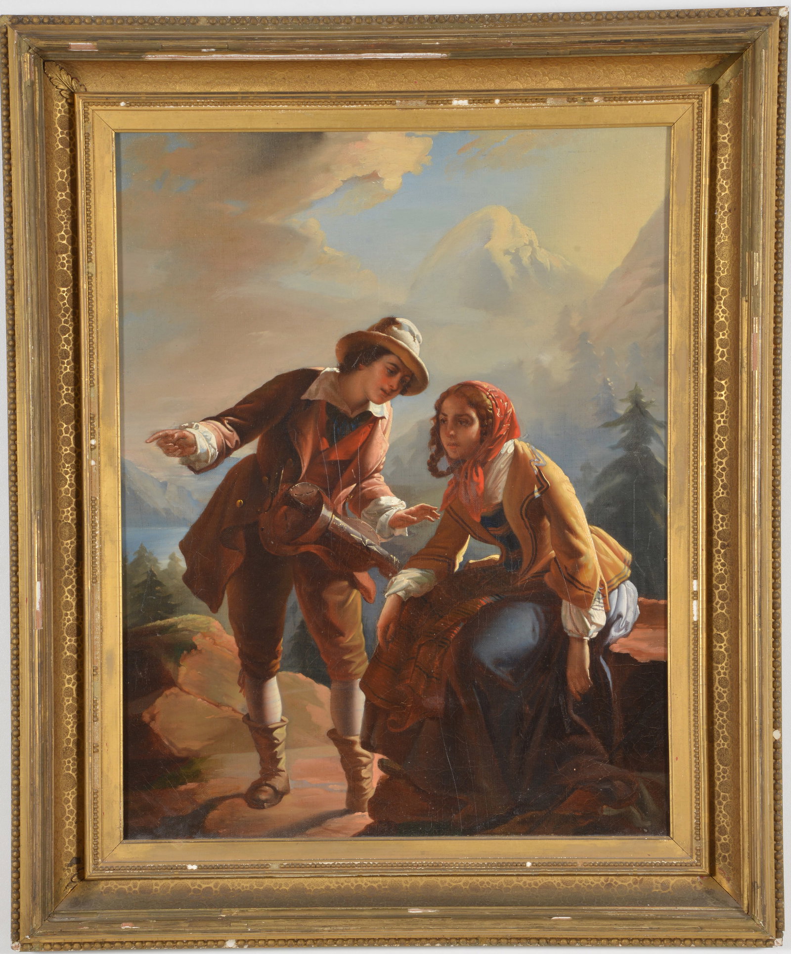 19th century continental fine Alpine genre scene of 2 figures sitting on a ledge by a lake. Oil on: 19th century continental fine Alpine genre scene of 2 figures sitting on a ledge by a lake. Oil on canvas. Relined. Framed. Image: 24.5 x 19.5in. Overall: 31.5 x 26in.