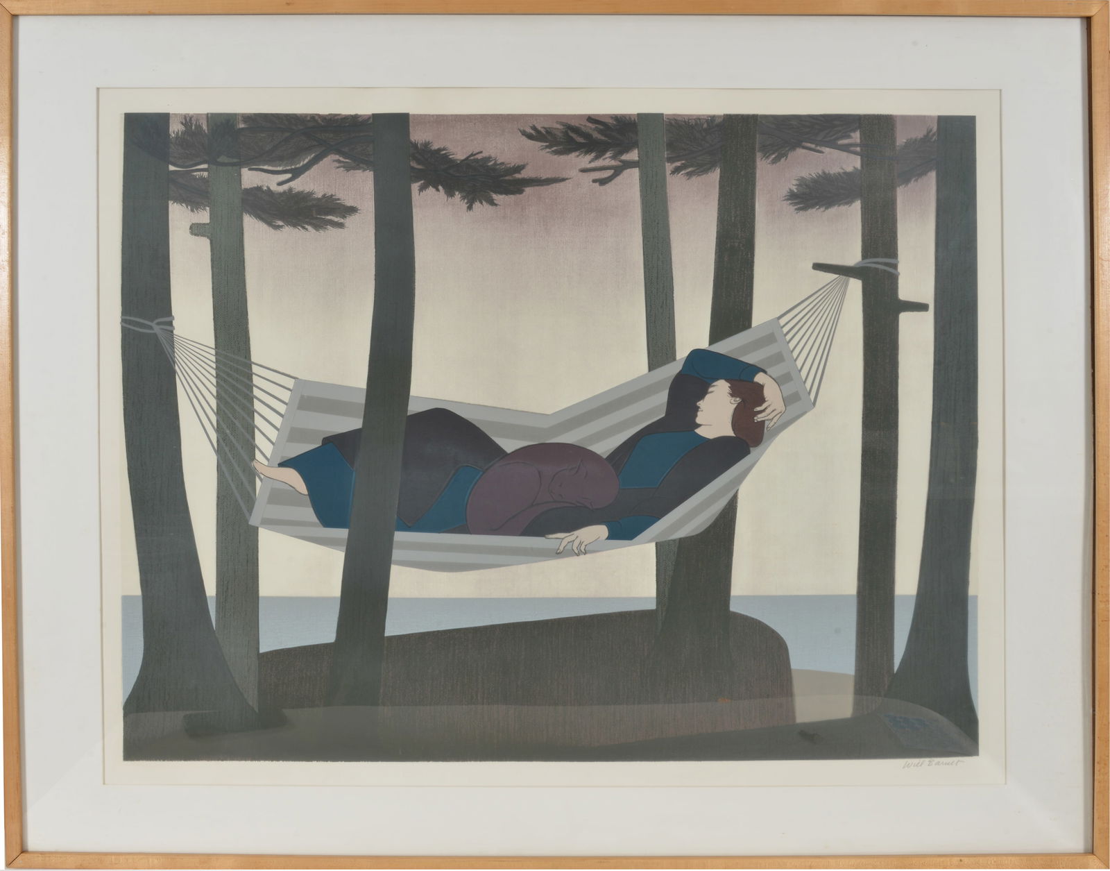 Will Barnet. "Summer Idyll". Lithograph depicting a woman asleep with her cat on a hammock in a: Will Barnet. "Summer Idyll". Lithograph depicting a woman asleep with her cat on a hammock in a wooded landscape. Signed in pencil lower right margin. Framed under glass. Overall: 40 x 49in.