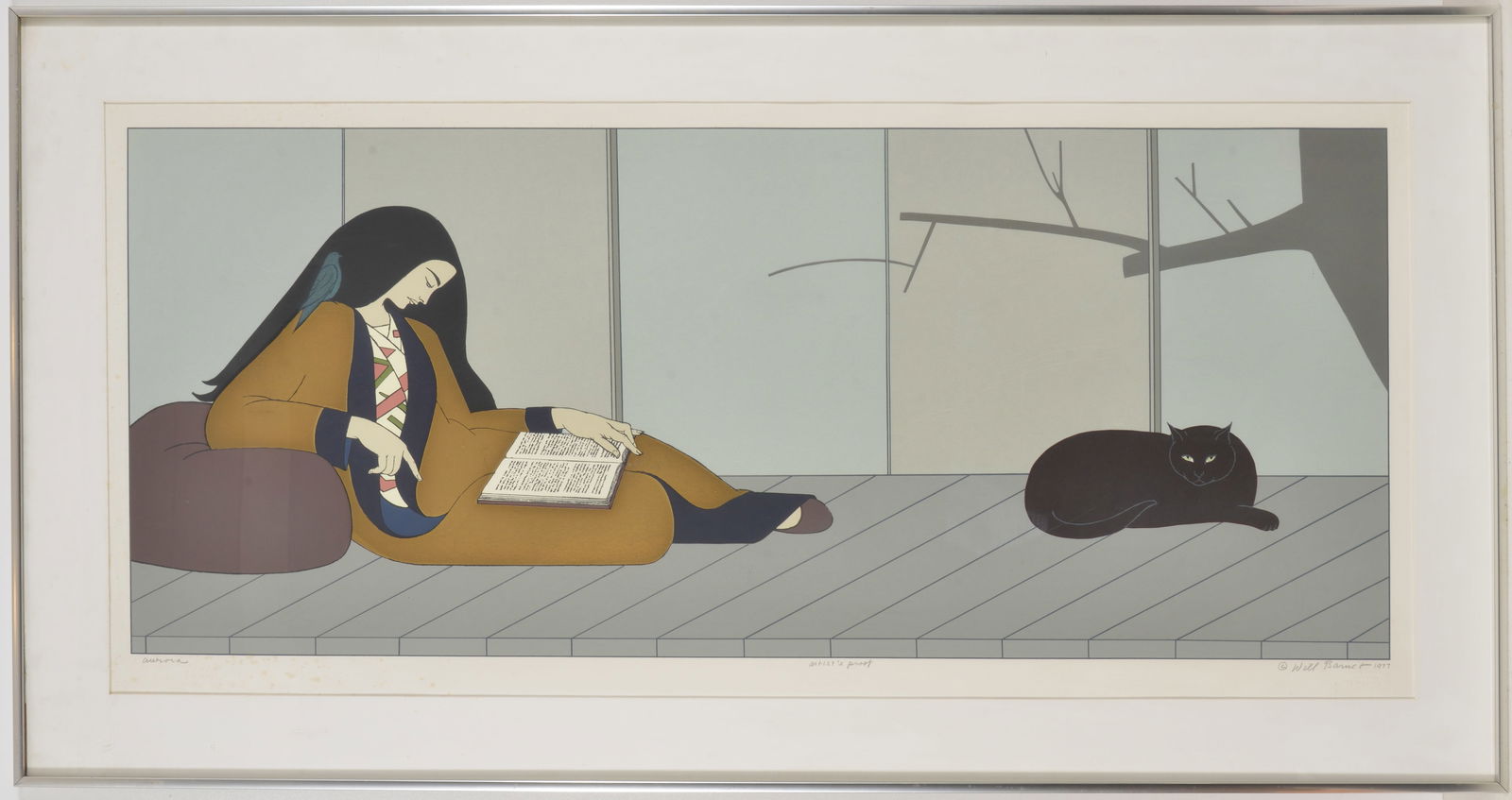 Will Barnet. "Aurora". Gold version. Artist proof lithograph of a woman reading and cat nearby. (1 of 6)