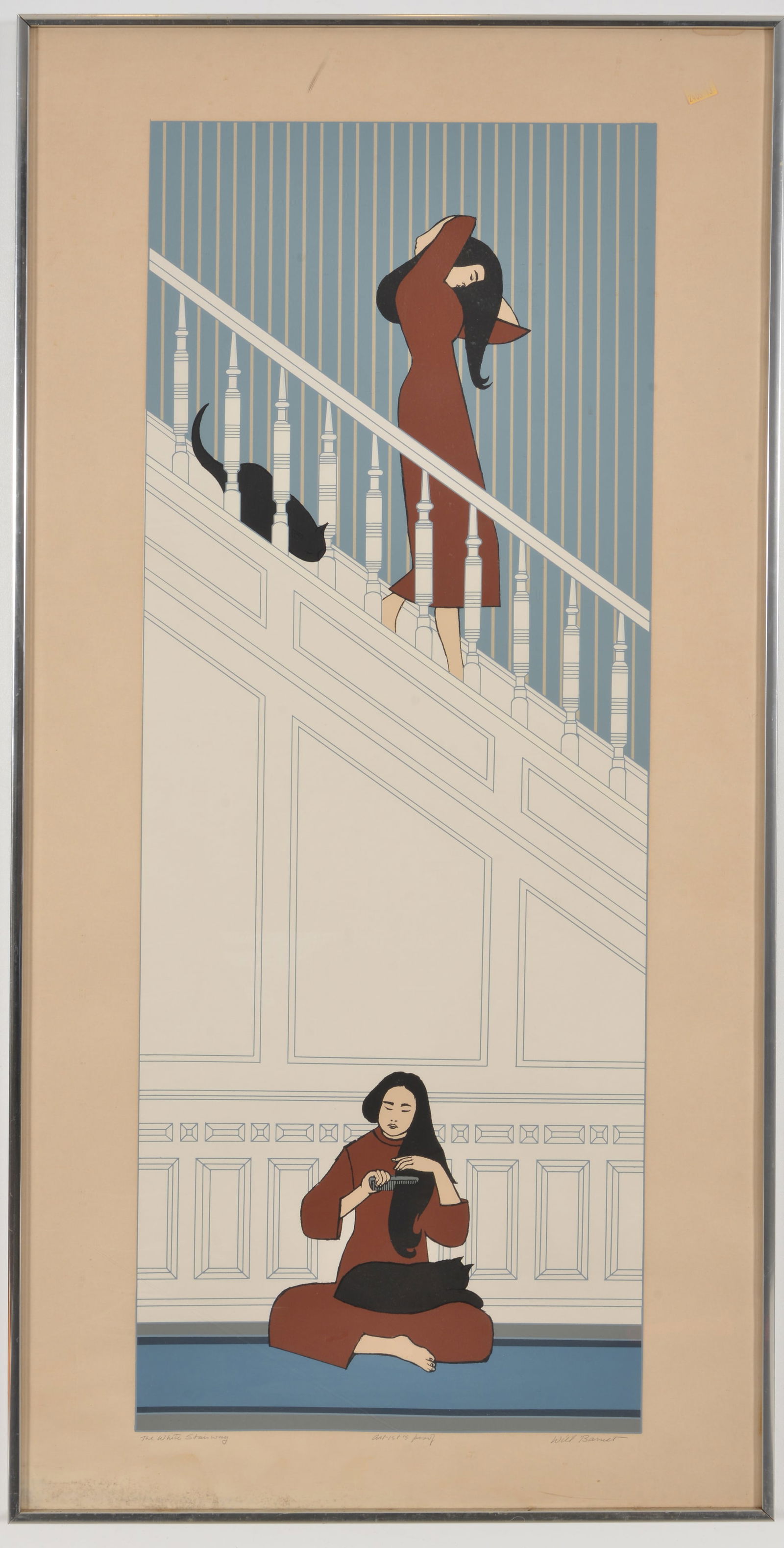 Will Barnet. "The White Stairway". Artist proof lithograph of a woman and cat in two positions near (1 of 4)