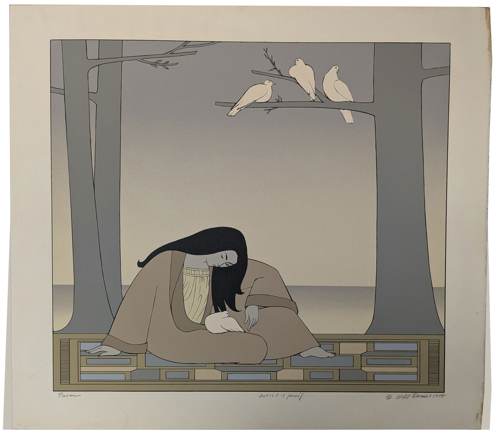 Will Barnet. "Paean". Serigraph of a woman with doves. Artist proof edition. Signed, titled, and (1 of 4)