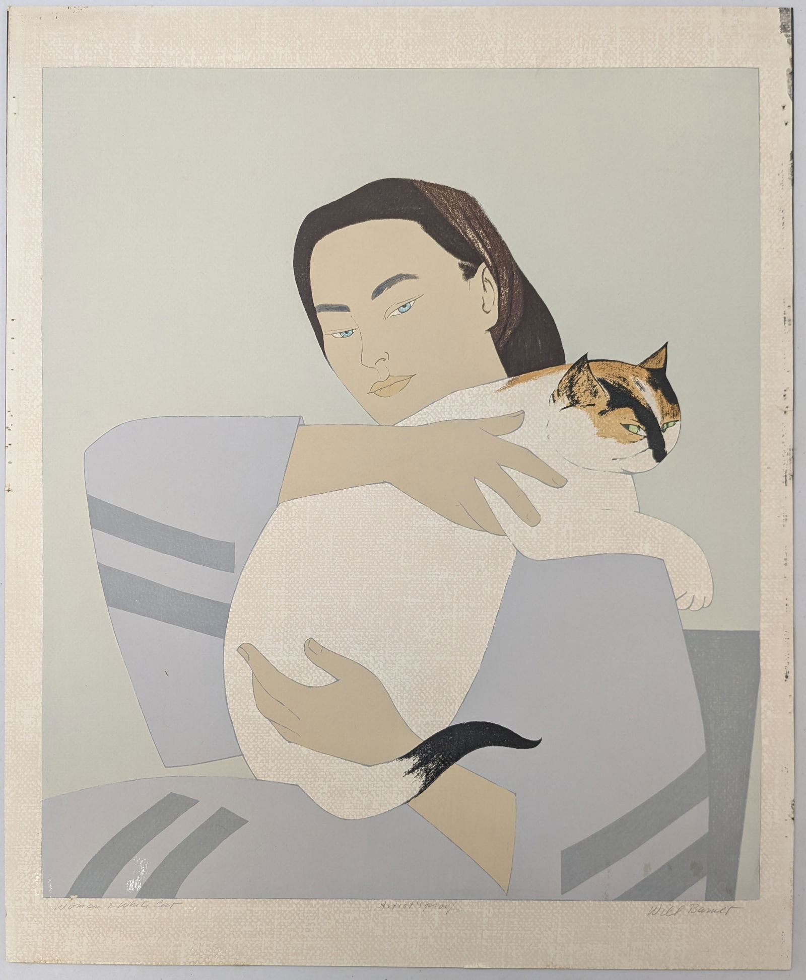 Will Barnet. "Woman with White Cat". 2 serigraph prints, each mounted on thicker stock. One signed, (1 of 6)