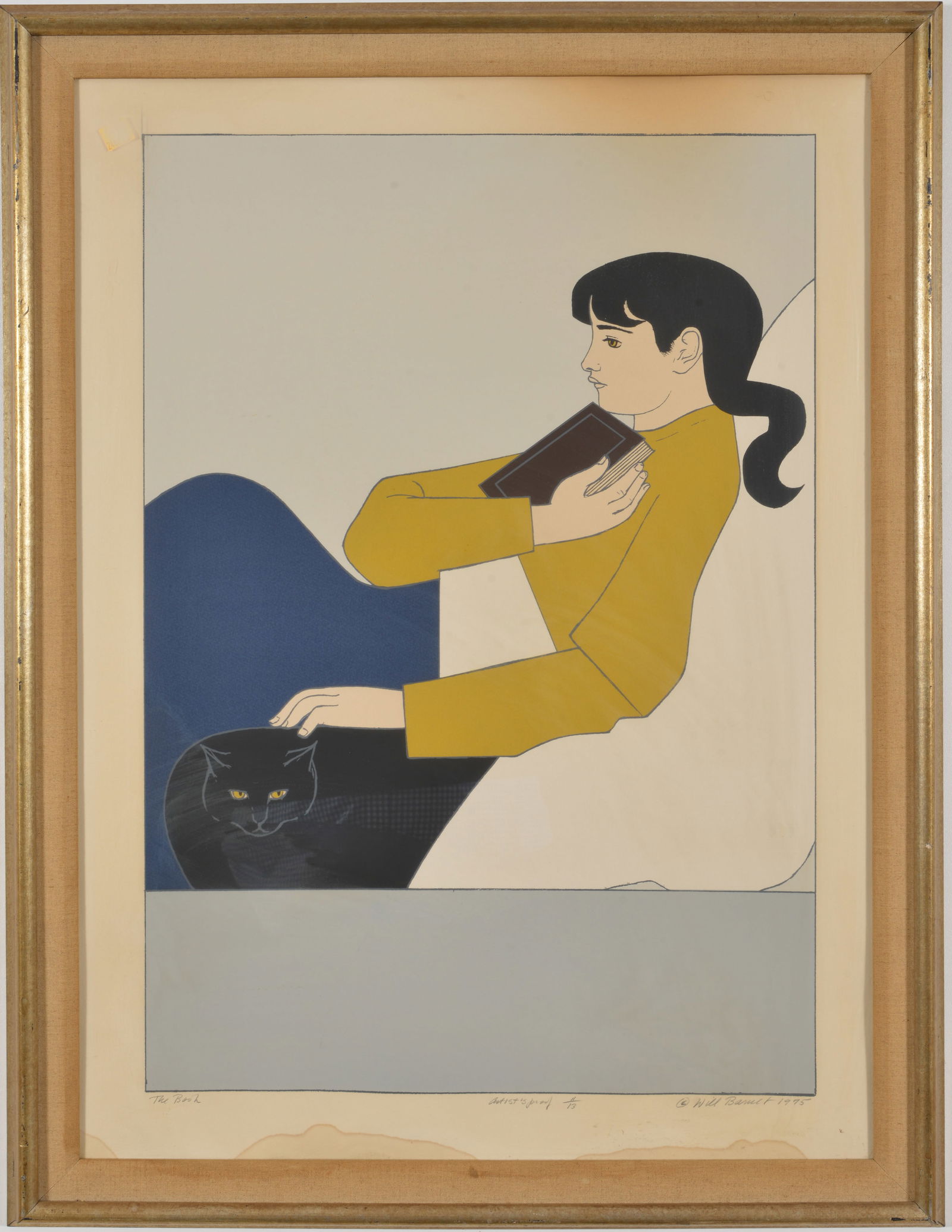 Will Barnet. "The Book". Lithograph of a reclining woman holding a book with a cat by her side.: Will Barnet. "The Book". Lithograph of a reclining woman holding a book with a cat by her side. Signed, dated 1975, titled, and numbered artist proof edition of 11/13 lower margin. Framed under glass.