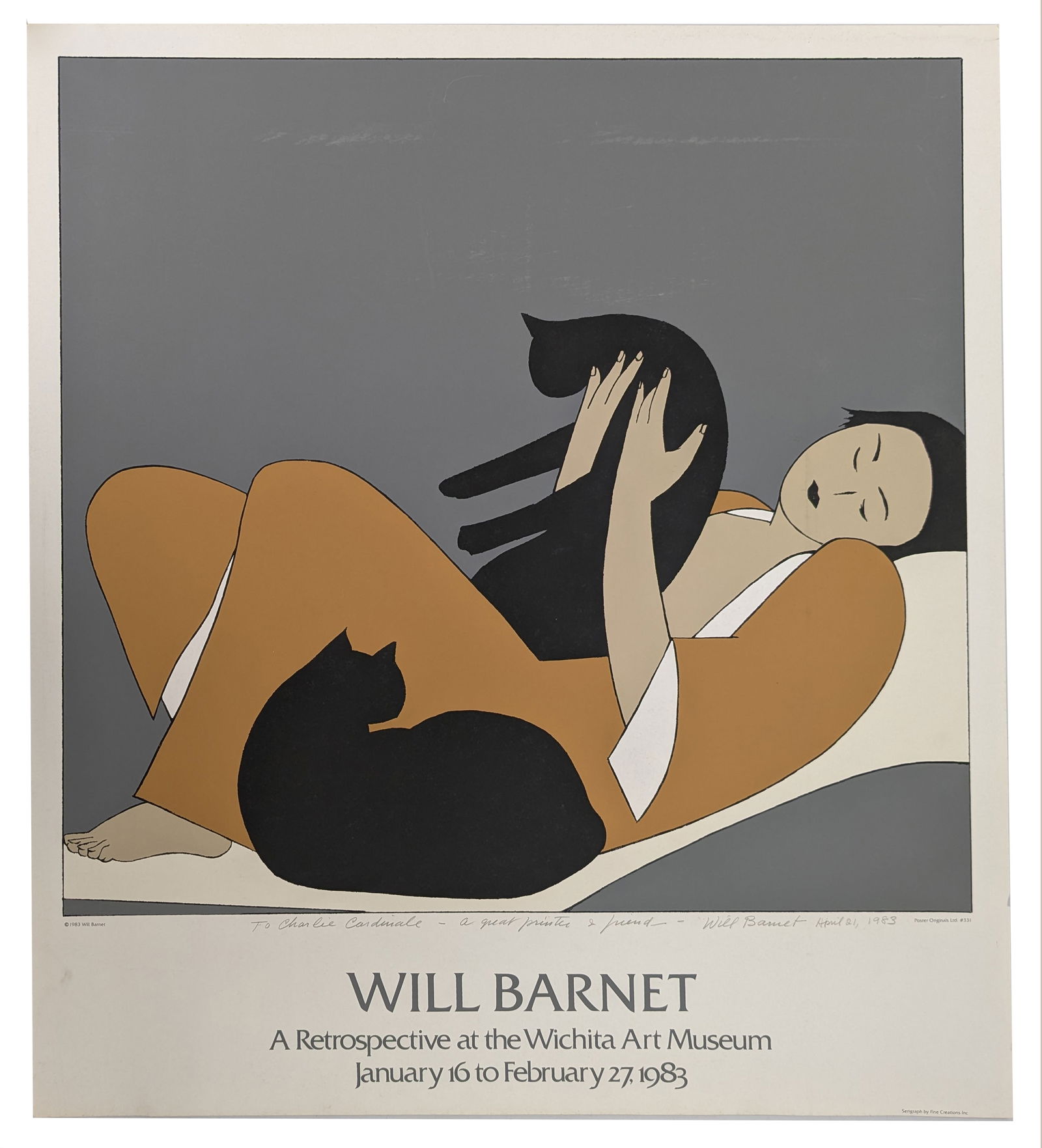 Will Barnet. "Woman with Cats". Serigraph exhibition poster for a Retrospective at the Wichita Art (1 of 3)