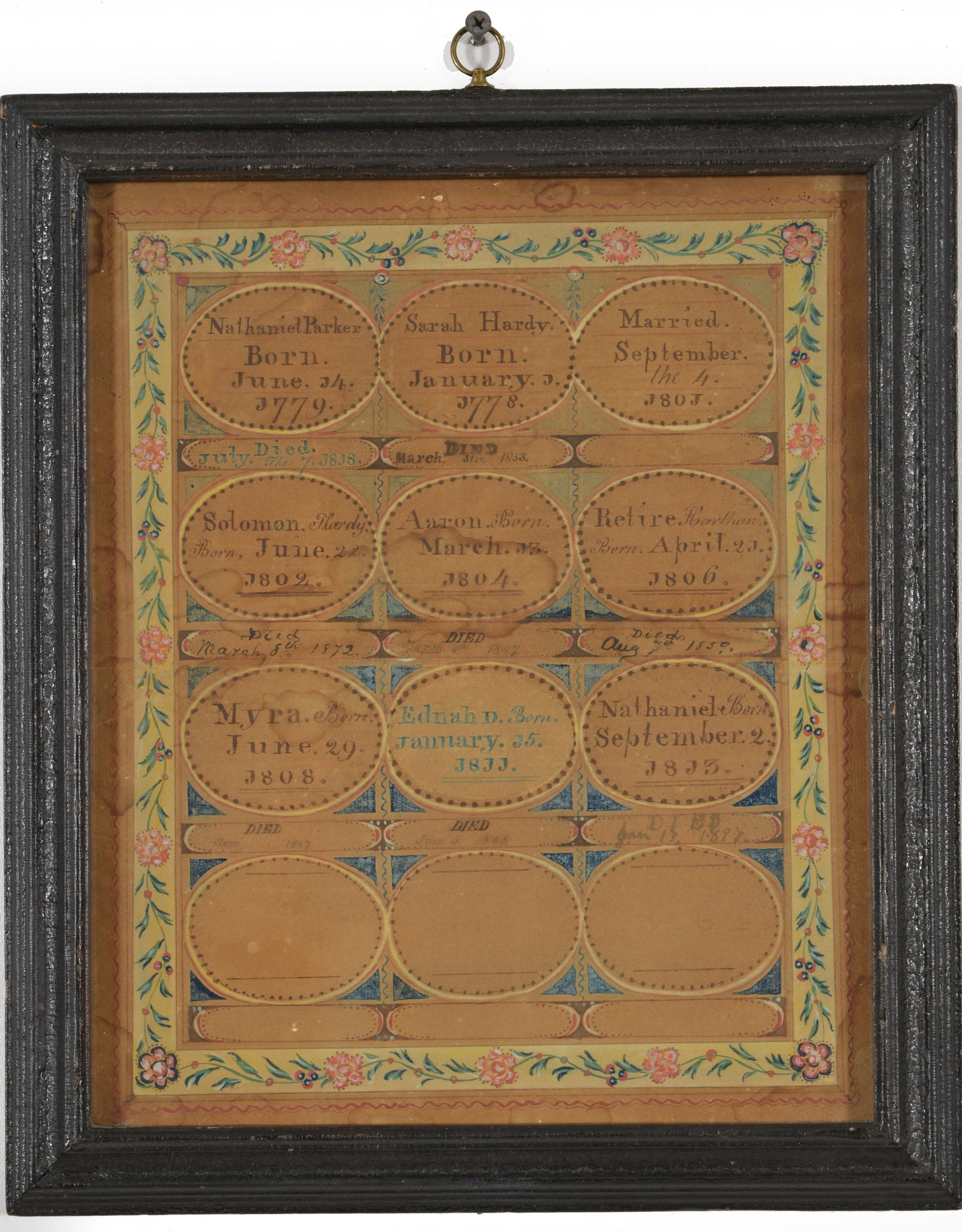 Bradford, Mass. 1816 hand drawn family record. Signed by the maker, Thomas Johnston, dated, and: Bradford, Mass. 1816 hand drawn family record. Signed by the maker, Thomas Johnston, dated, and inscribed on reverse. Family record for Nathaniel Parker and Sarah Hardy, married 1801, and their 6 chil
