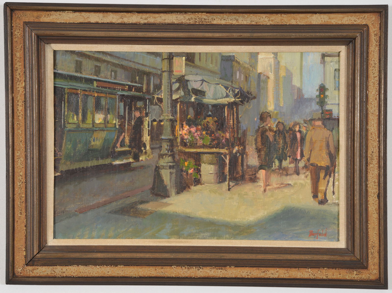 Gerald Merfeld. "Sidewalks of San Francisco". Mid century street scene with trolly car, figures (1 of 9)