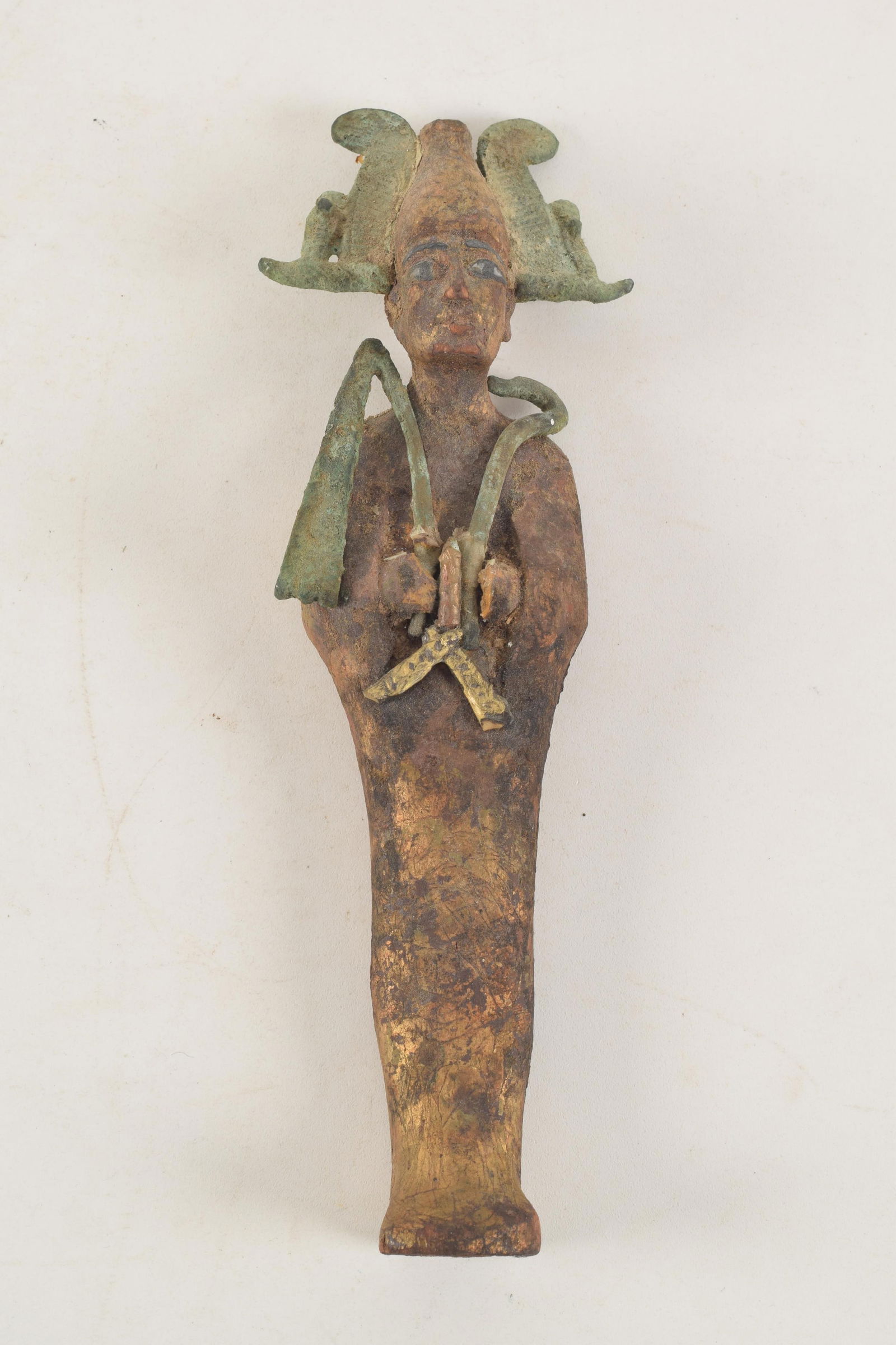 Antique reproduction Egyptian Ushabti. Gilt and polychrome decorated ceramic with bronze mounts. 8in (1 of 4)