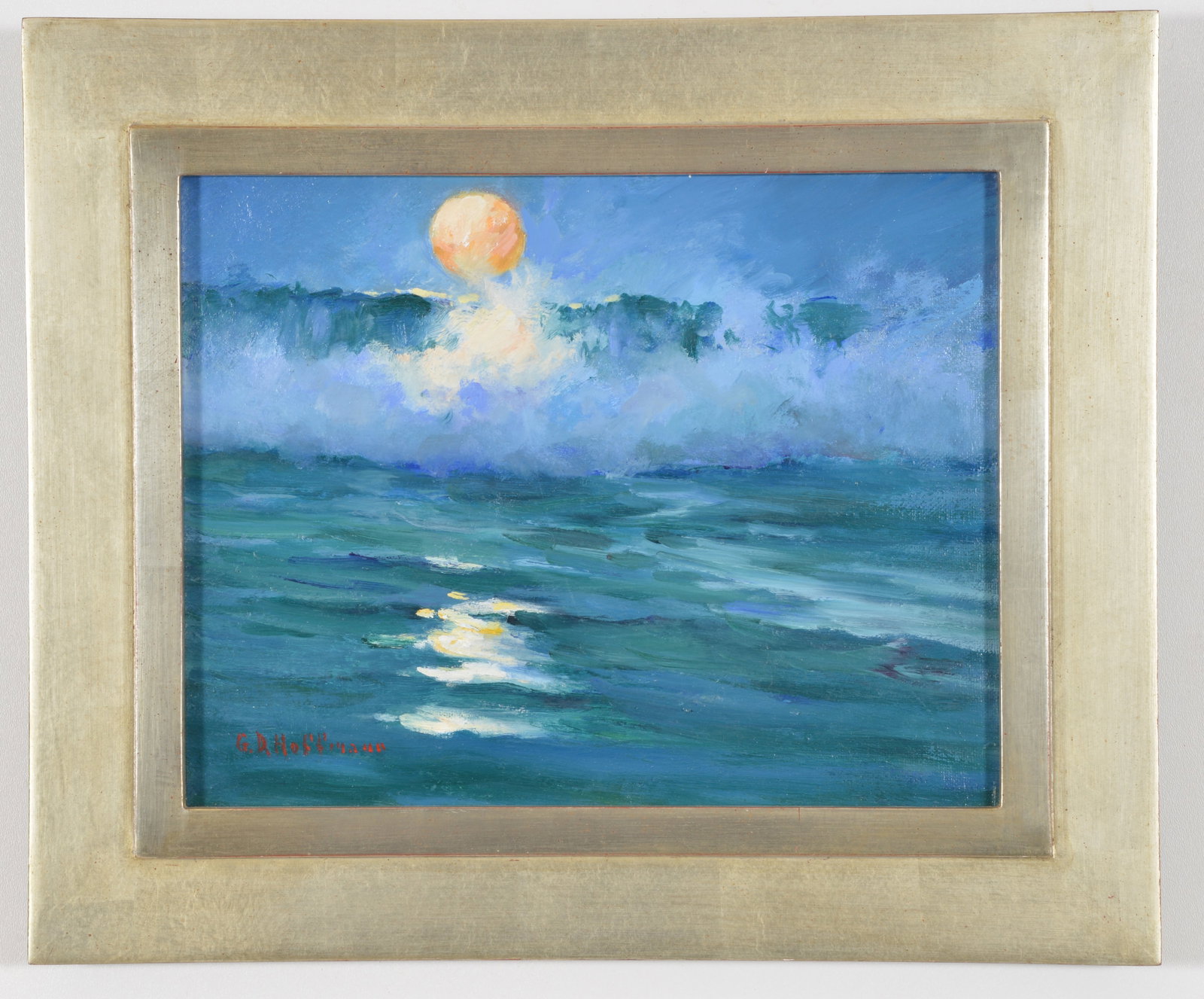 Gary David Hoffmann. Massachusetts. "Moonlight Surf, Nauset". Oil on canvas board. Signed lower: Gary David Hoffmann. Massachusetts. "Moonlight Surf, Nauset". Oil on canvas board. Signed lower left. Framed. Sight: 10.25 x 13.25in. Overall: 15.5 x 18.5in.