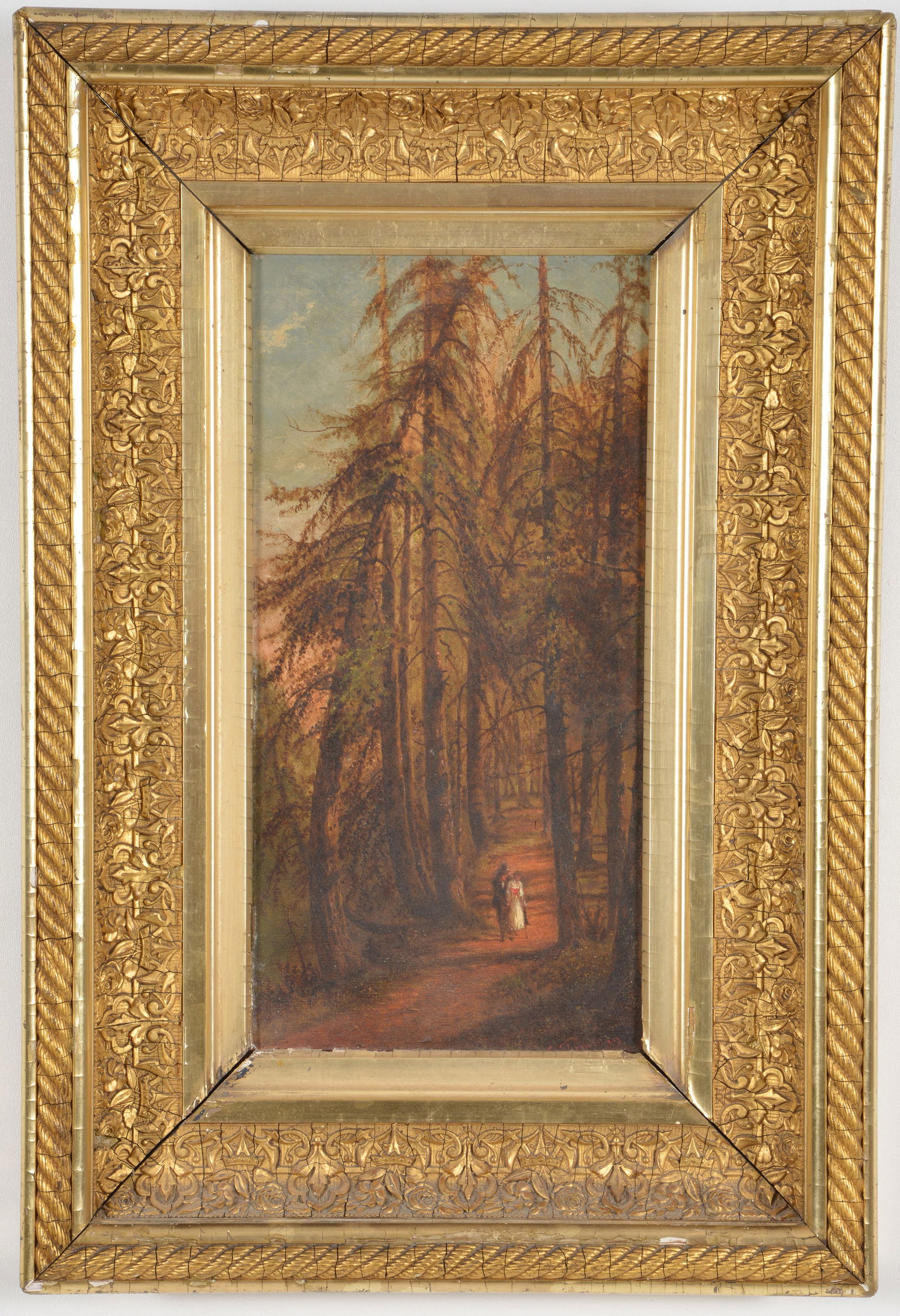 American school, mid 19th Century. Couple on a woodland path. Signed lower right C. Johnson? Oil on: American school, mid 19th Century. Couple on a woodland path. Signed lower right C. Johnson? Oil on canvas. Framed. Image size 15.5. x 8 in. Overall size 22.25 x 15 in.