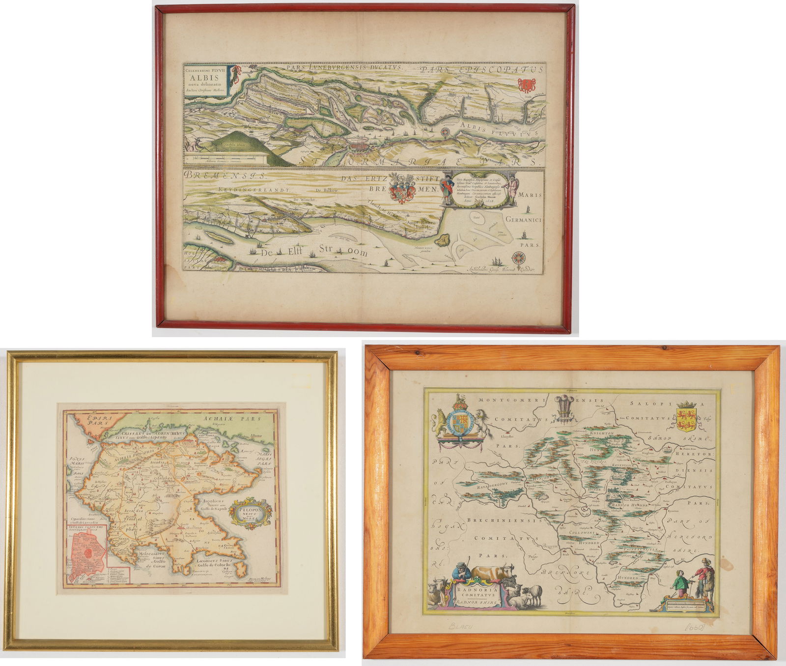3 Hand-colored engraved maps, Radnorshire - Wales circa 1648, Moller view of the Elbe in double (1 of 9)