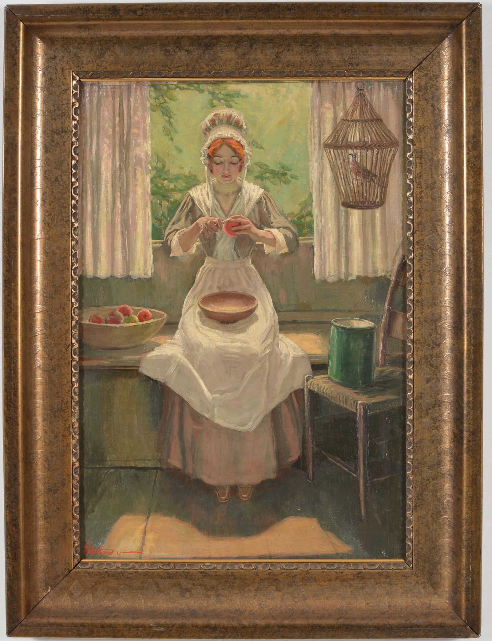 E. Ward. Interior genre painting of a woman peeling apples. Oil on canvas board. Signed lower left. (1 of 8)