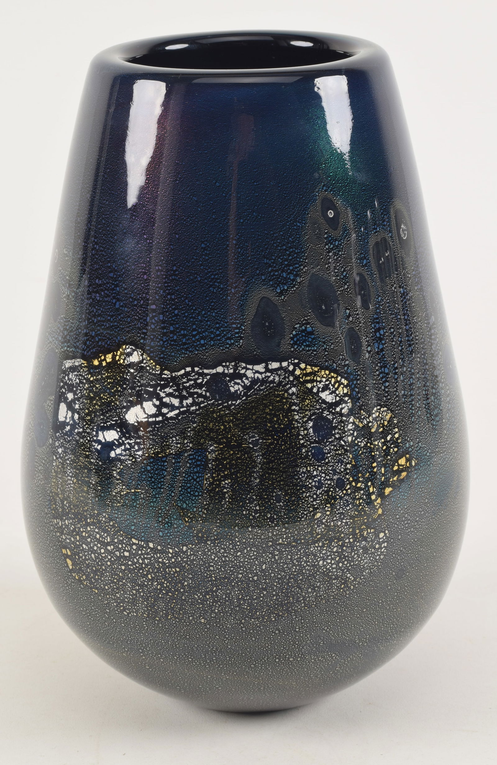 Robert Eickholt 1987 art glass vase. Abstract underwater scene in dark blue, gold, and silver. (1 of 5)