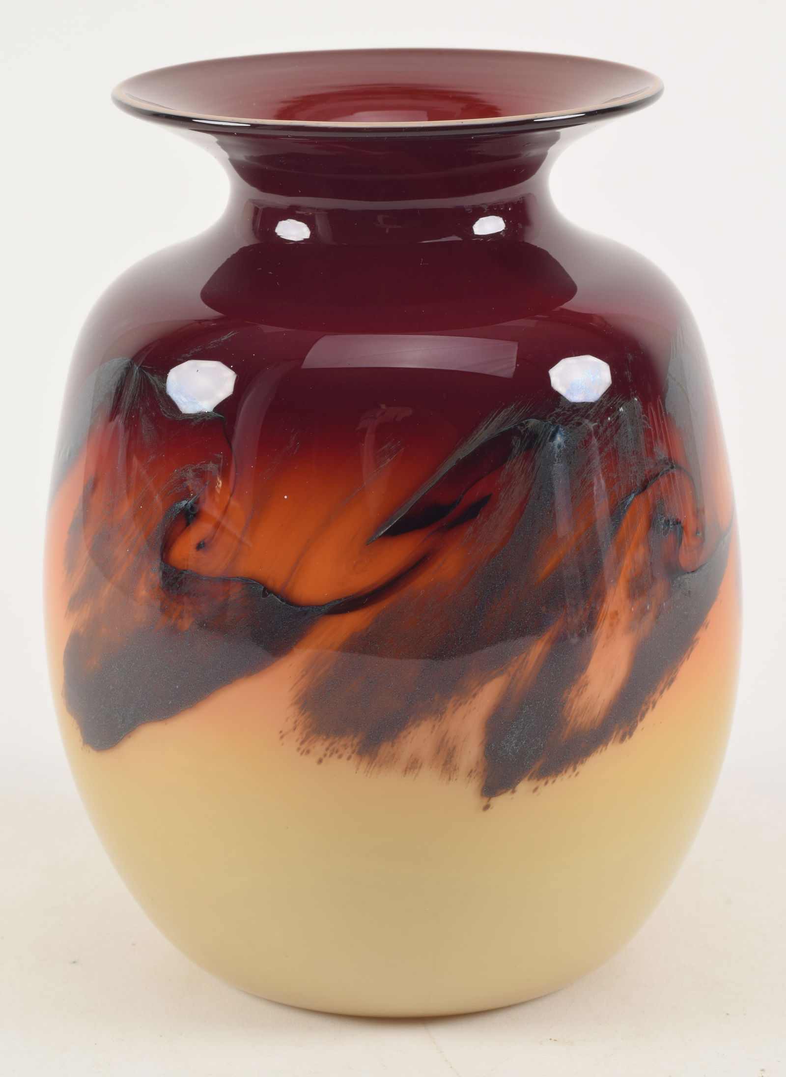 Signed art glass vase with flared rim. Swirled tones of caramel. Etched signature "Corrill"? (1 of 5)