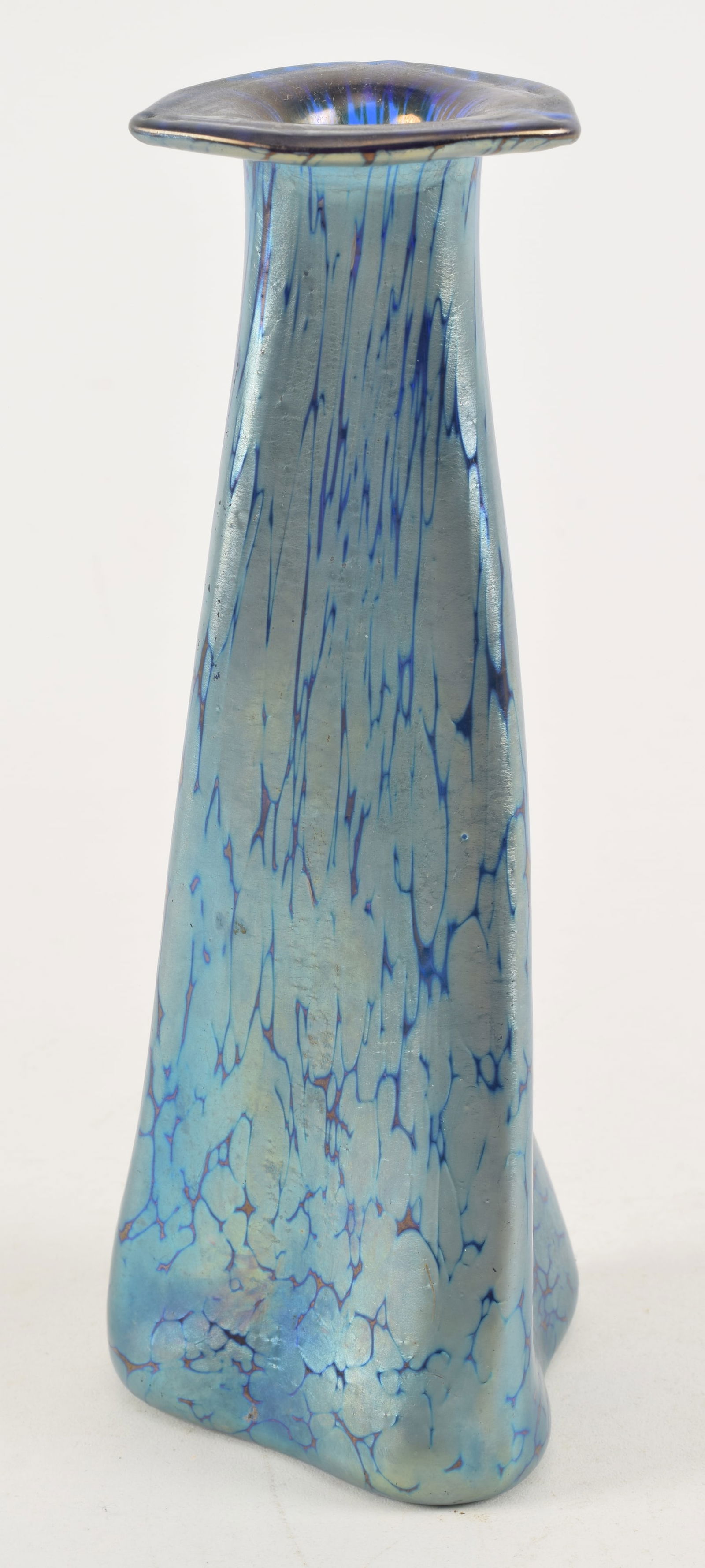 Loetz style art glass vase. Twisted triangular form in light and dark blue. 7in high. (1 of 3)