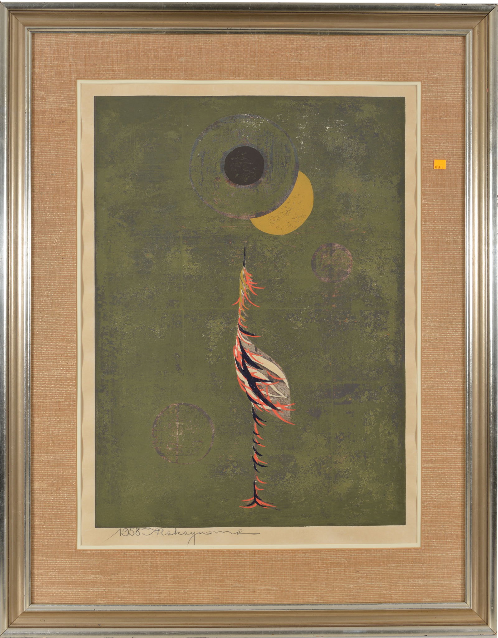 Tadashi Nakayama. "Fledgling". Color woodblock print depicting a crane beneath a full moon. Signed (1 of 6)