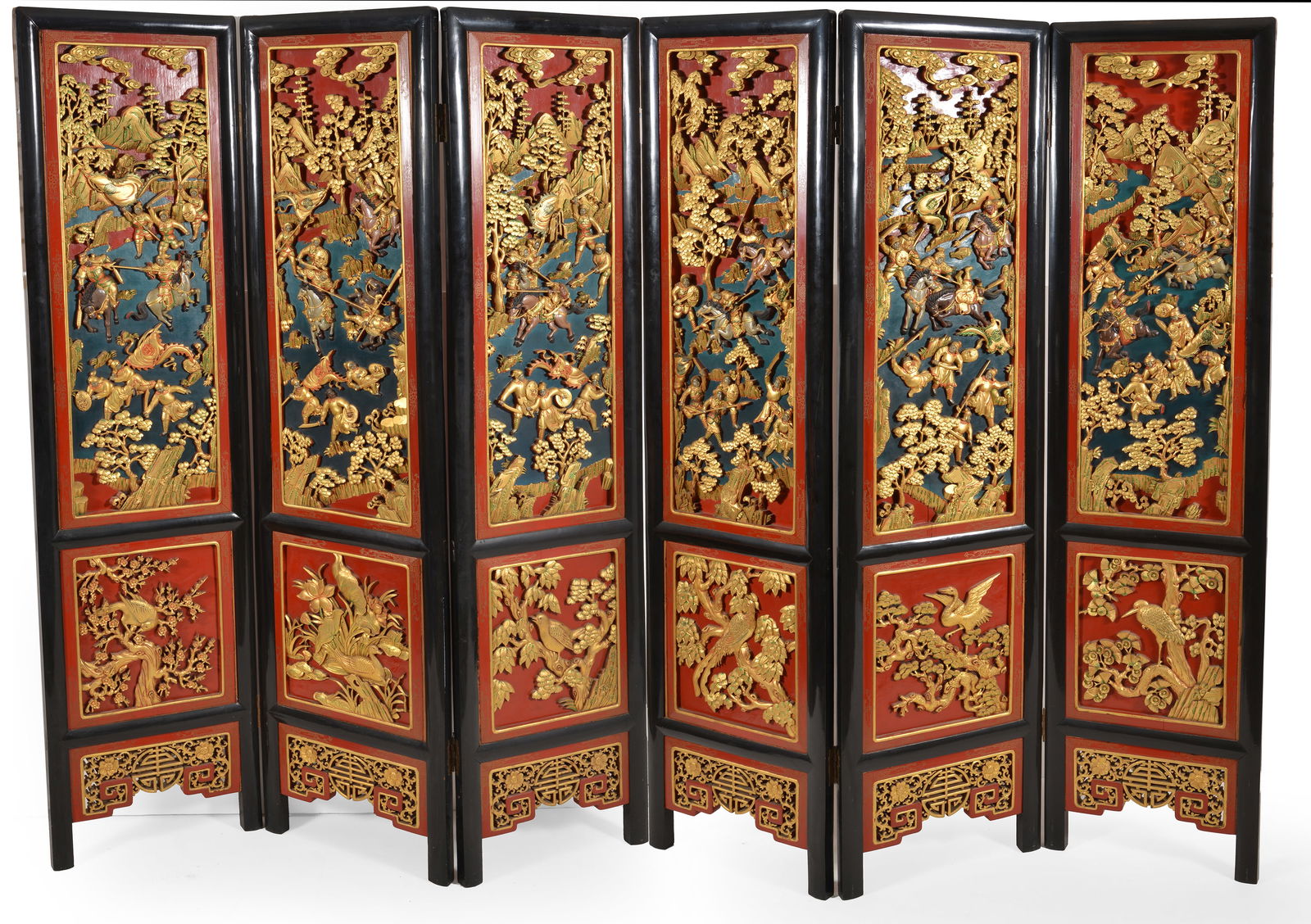Chinese red and black lacquered 6-panel screen with relief carved decoration of historical scenes. (1 of 5)