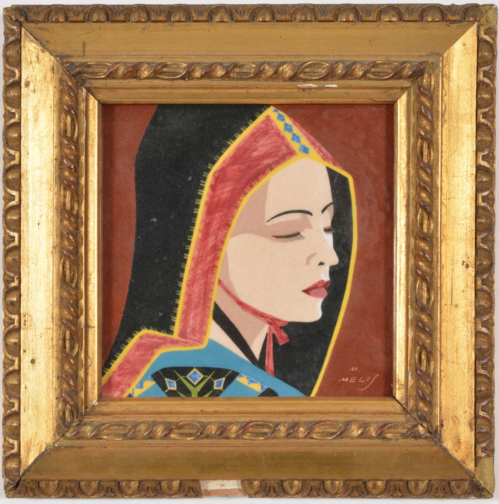 Melkiorre Melis. Italian 20th Century. Painted tile of woman in traditional dress. Ceramic tile (1 of 5)