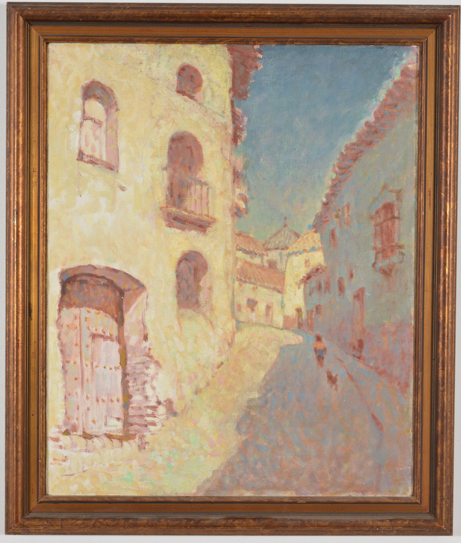 Roger Shantz. "Callejon - Gaucin". Spanish village street scene. Oil on canvas. Signed, titled and: Roger Shantz. "Callejon - Gaucin". Spanish village street scene. Oil on canvas. Signed, titled and dated 1978 on reverse. Framed. Overall: 26 x 22in.