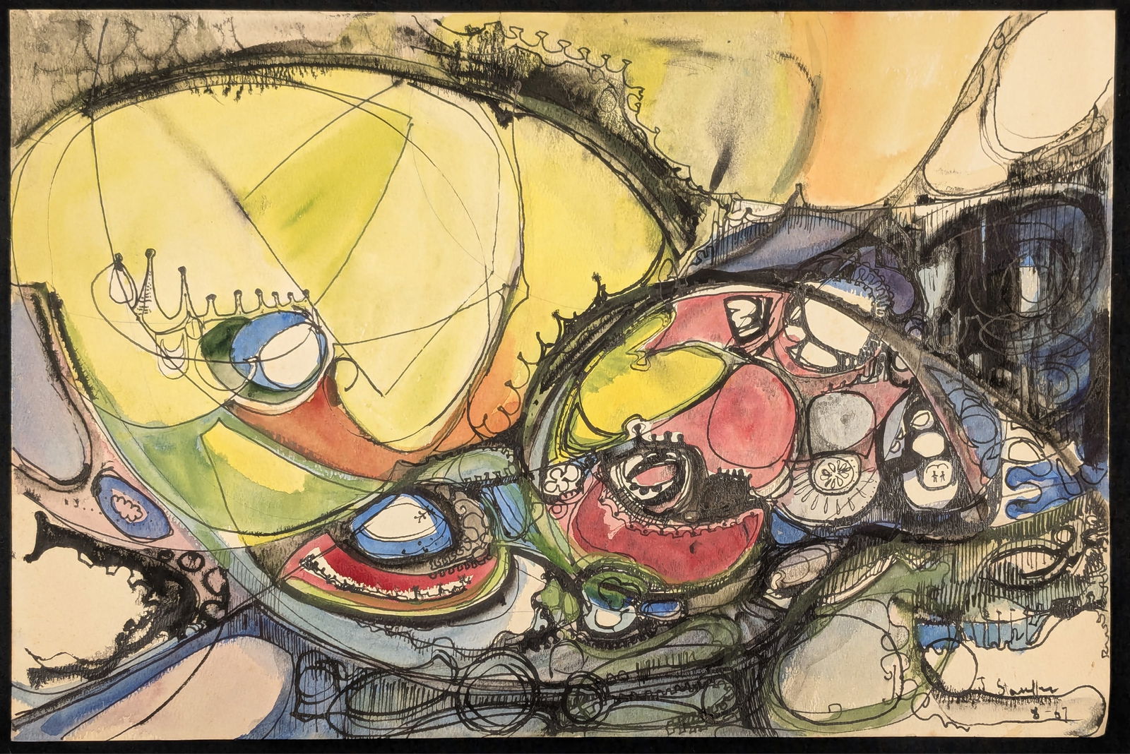 Mid 20th century American school abstract ink and watercolor painting. Signed J. Stauffer and dated (1 of 3)