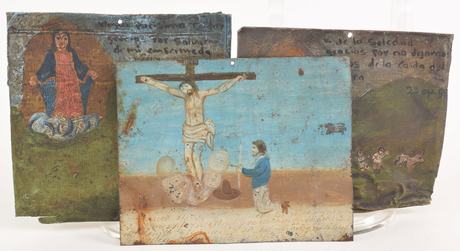 [3] Mexican retablo paintings. Images of the holy virgin and Christ on the cross. Some dated 1959, (1 of 7)