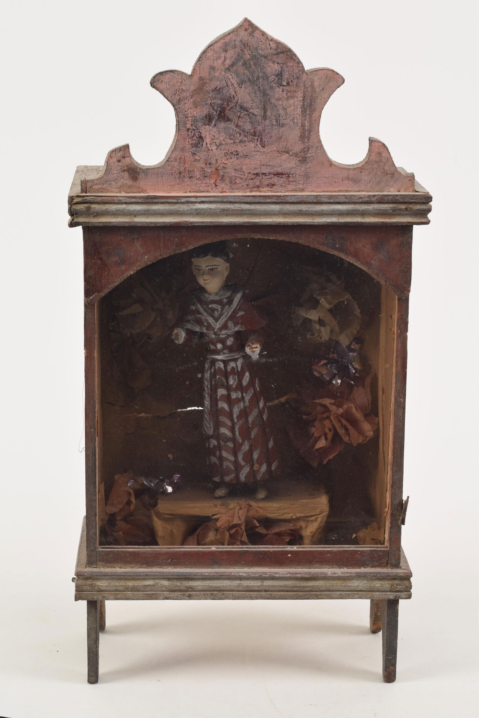 Large Mexican retablo shrine with carved wooden figure and flower petals, early 20th century. 16in (1 of 3)