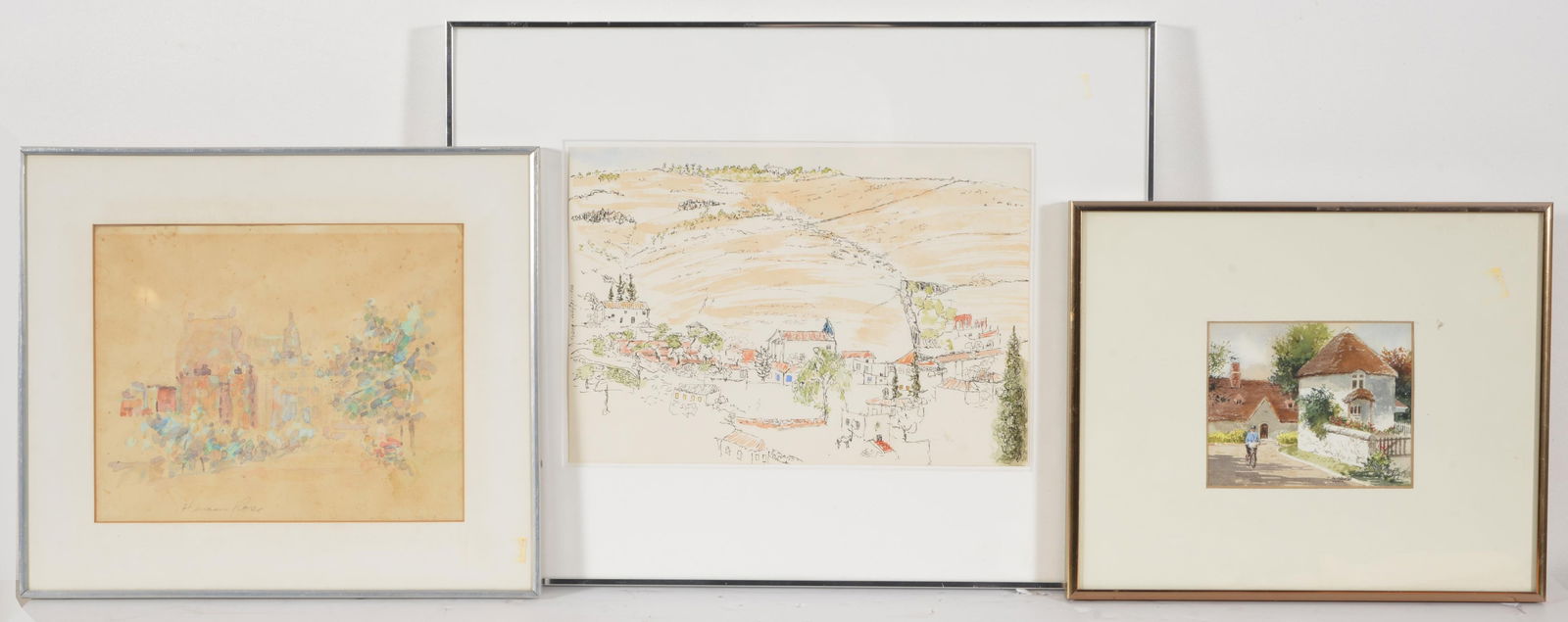 3 watercolor paintings. 1) Herman Rose. Watercolor painting of a city street scene. Signed in pencil (1 of 6)