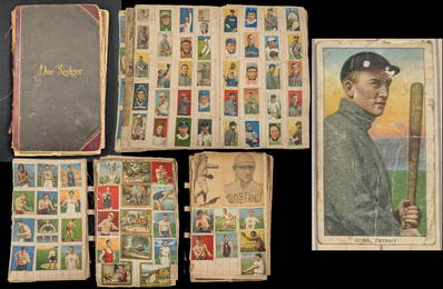 Sports cards and scrap album of over 400 cards. Comprised mostly of sports tobacco cards from