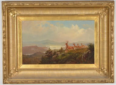 Otto Sommer. Chicago. Fine early Hudson River panoramic mountainous landscape with deer on a