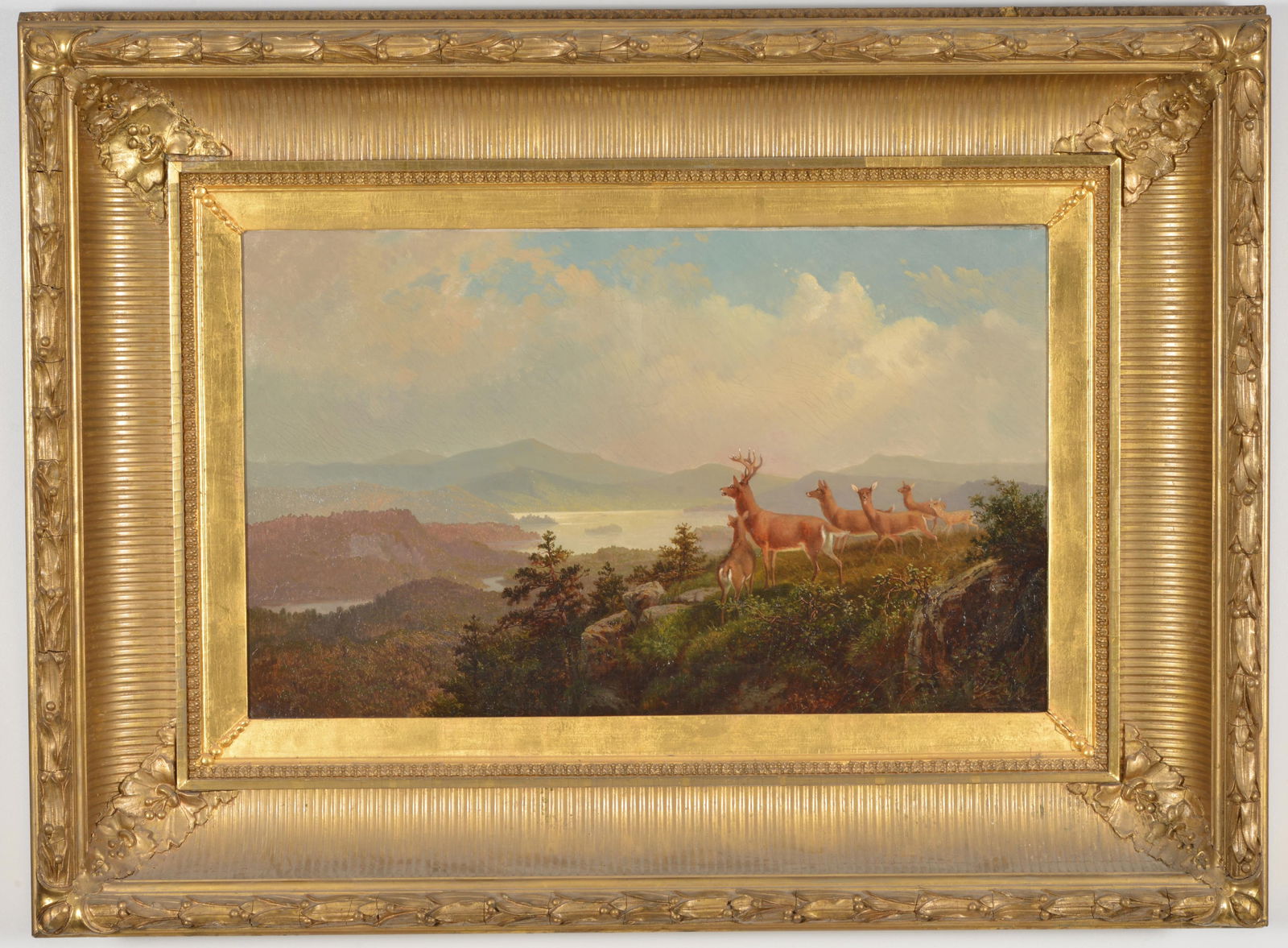 Otto Sommer. Chicago. Fine early Hudson River panoramic mountainous landscape with deer on a