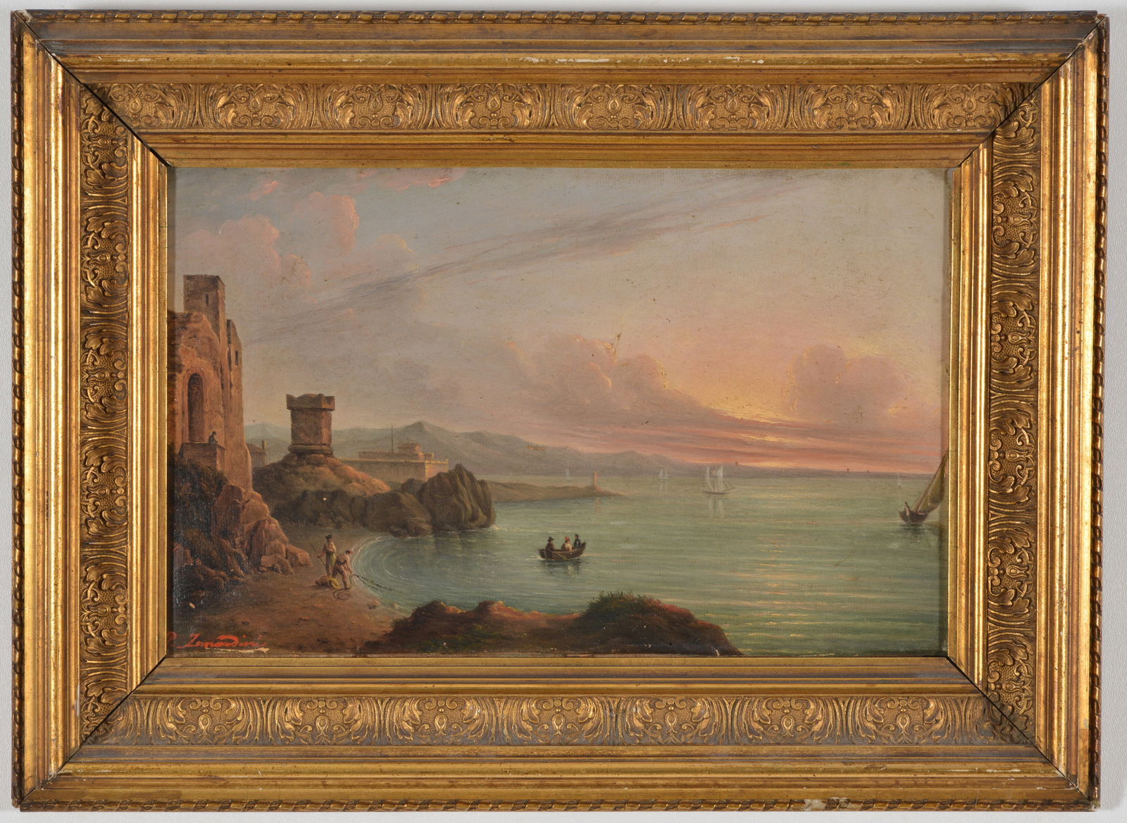 19th century Italian school painting. Sunset harbor scene with boats, ruins, and figures at the (1 of 4)