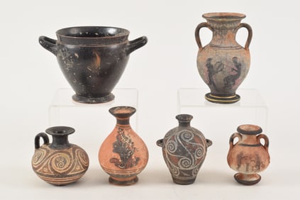 Lot of 5 Cretan Greek pottery style decorated vases. Possibly original and copies. Tallest 5in high.