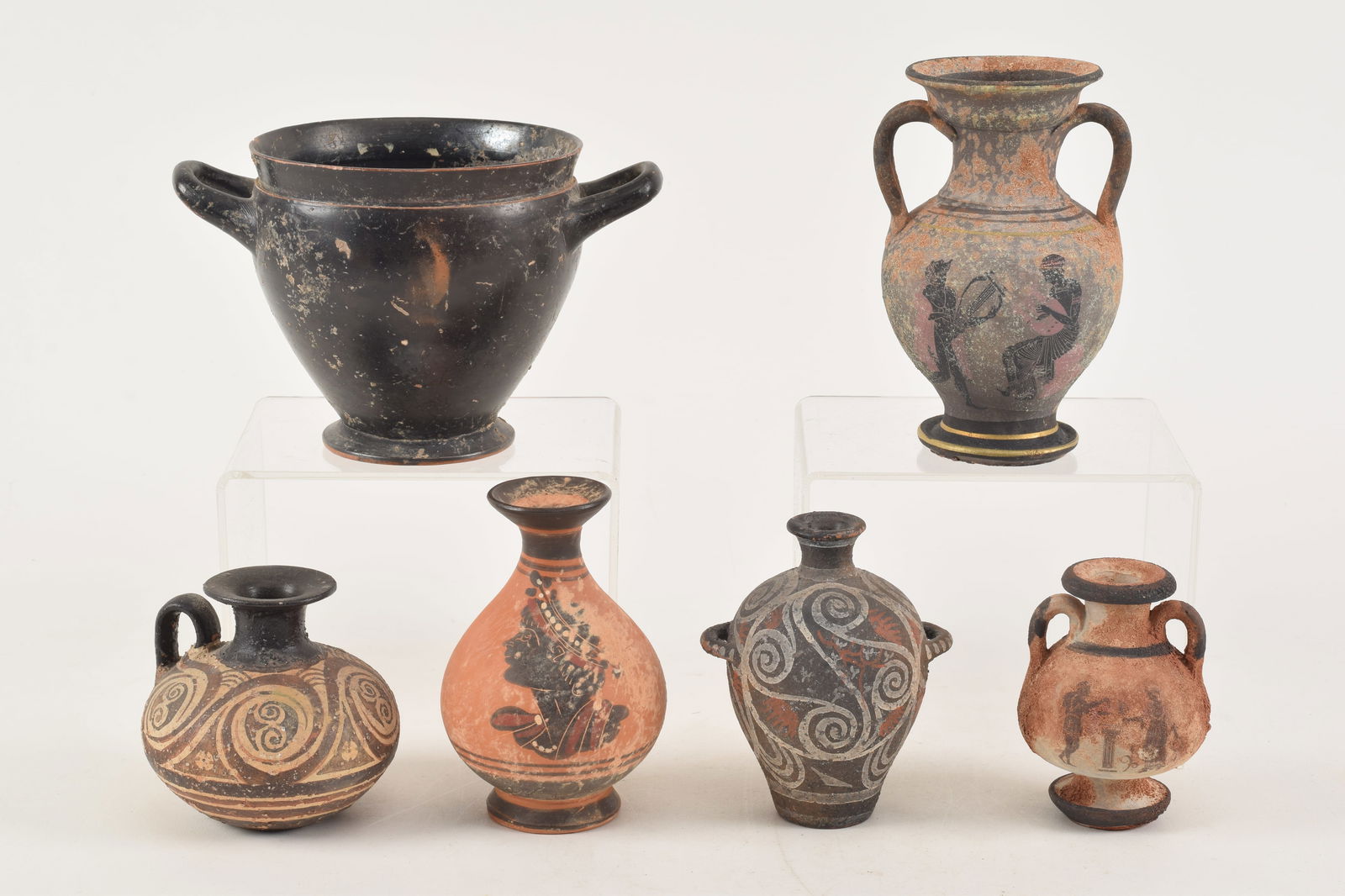 Lot of 5 Cretan Greek pottery style decorated vases. Possibly original and copies. Tallest 5in high. (1 of 13)
