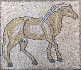 Large ancient Roman mosaic floor panel depicting a horse. Ca. 4th/5th century AD. Set in a concrete