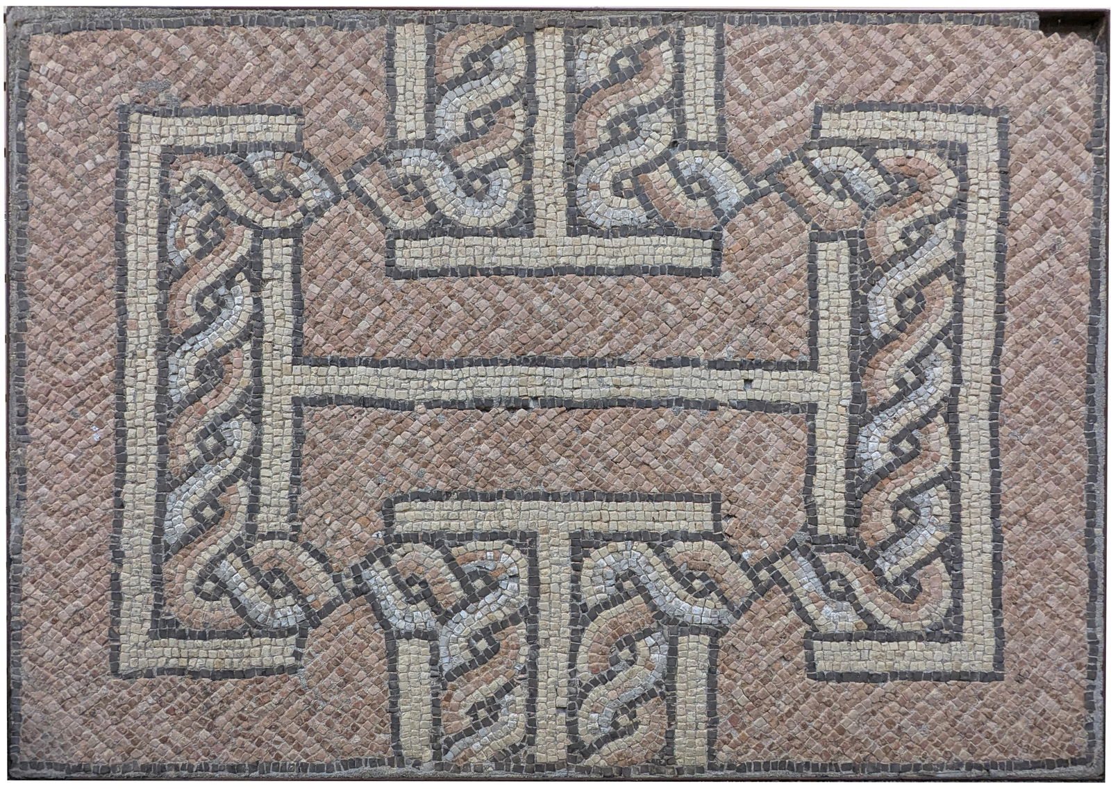 Large ancient Roman geometric pattern floor mosaic. Ca. 4th/5th century AD. Set in a concrete ground (1 of 5)