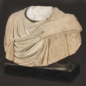 Ancient Roman carved marble torso bust with toga. Ca. 2nd-4th century AD. Head or neck area likely