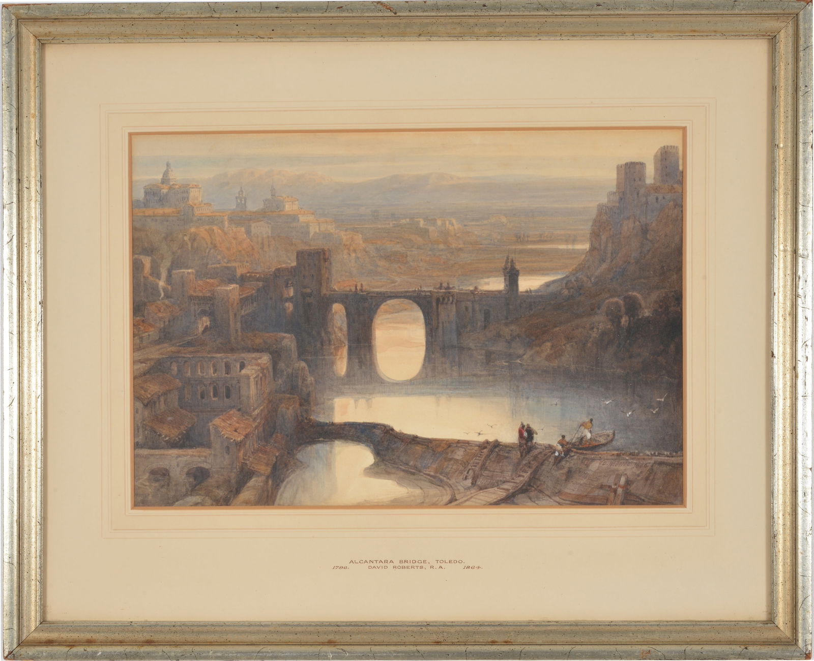David Roberts. English. Original watercolor painting. "Alcantara Bridge Toledo". Panoramic landscape (1 of 9)