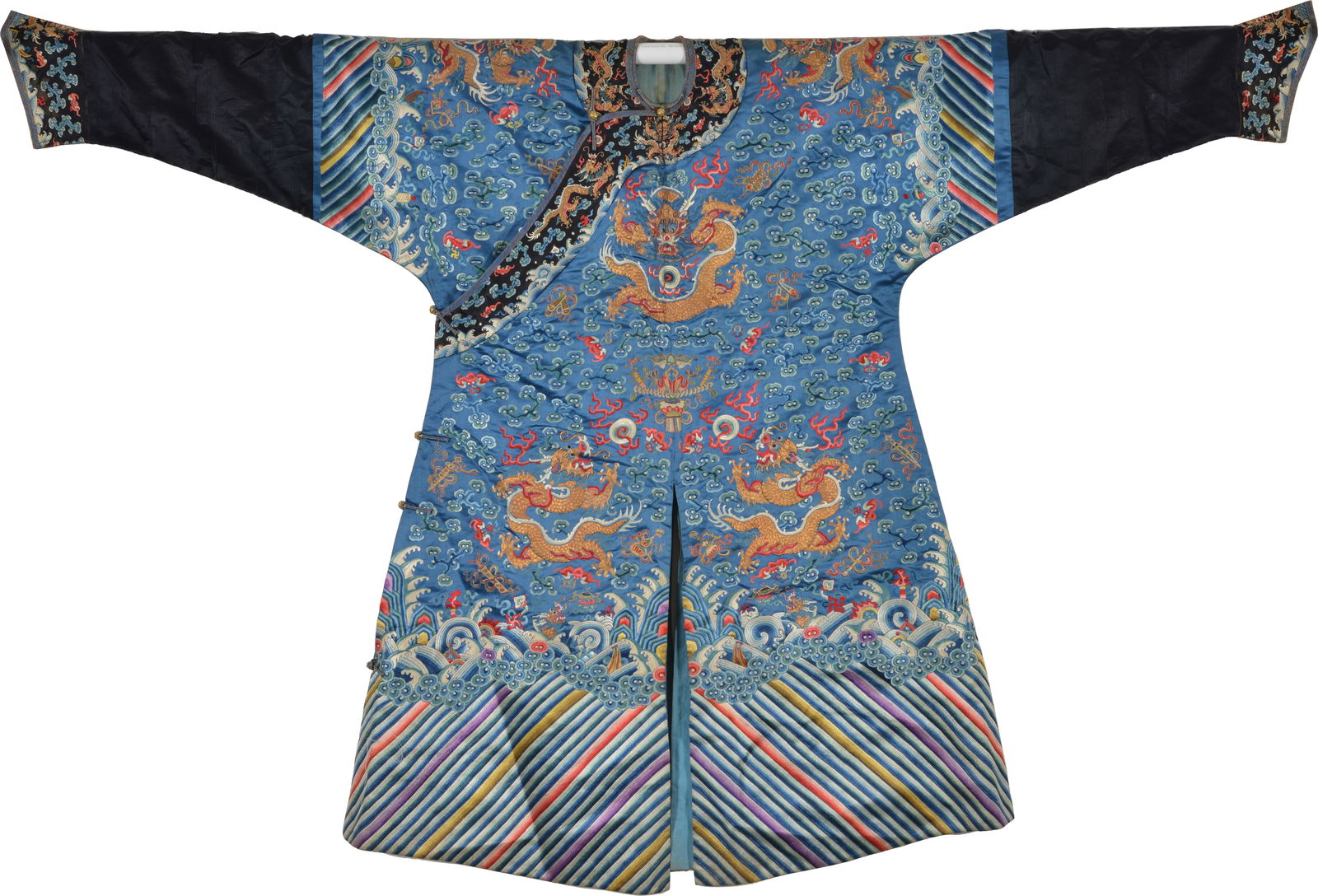 Imperial robe. China. 19th century. Dragon robe. Gold dragons and couch stitch auspicious emblems on (1 of 5)