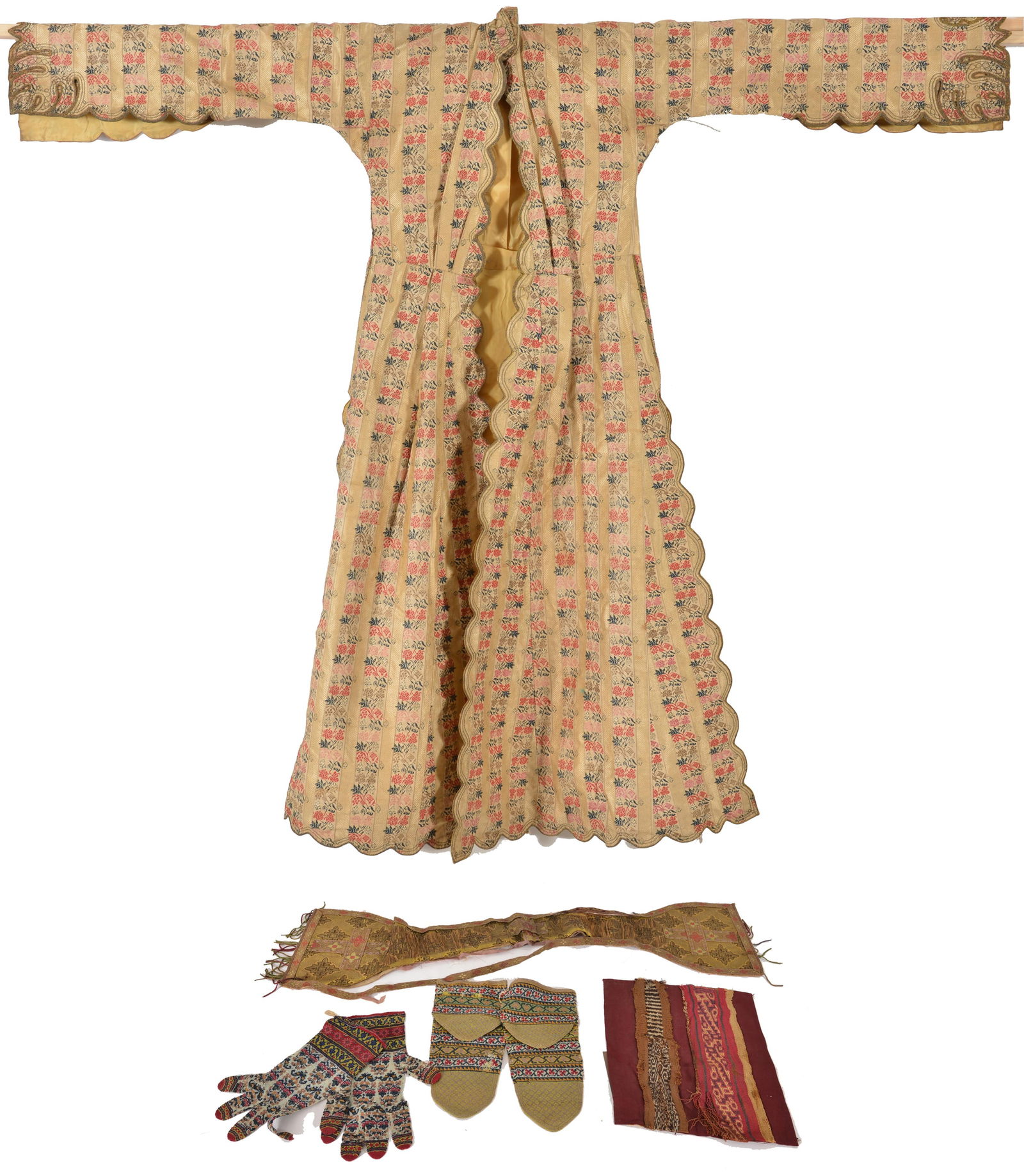 Lot of 5 textiles. 3 Persian pieces to include a pair of gloves, a pair of mittens, and a robe - all (1 of 9)