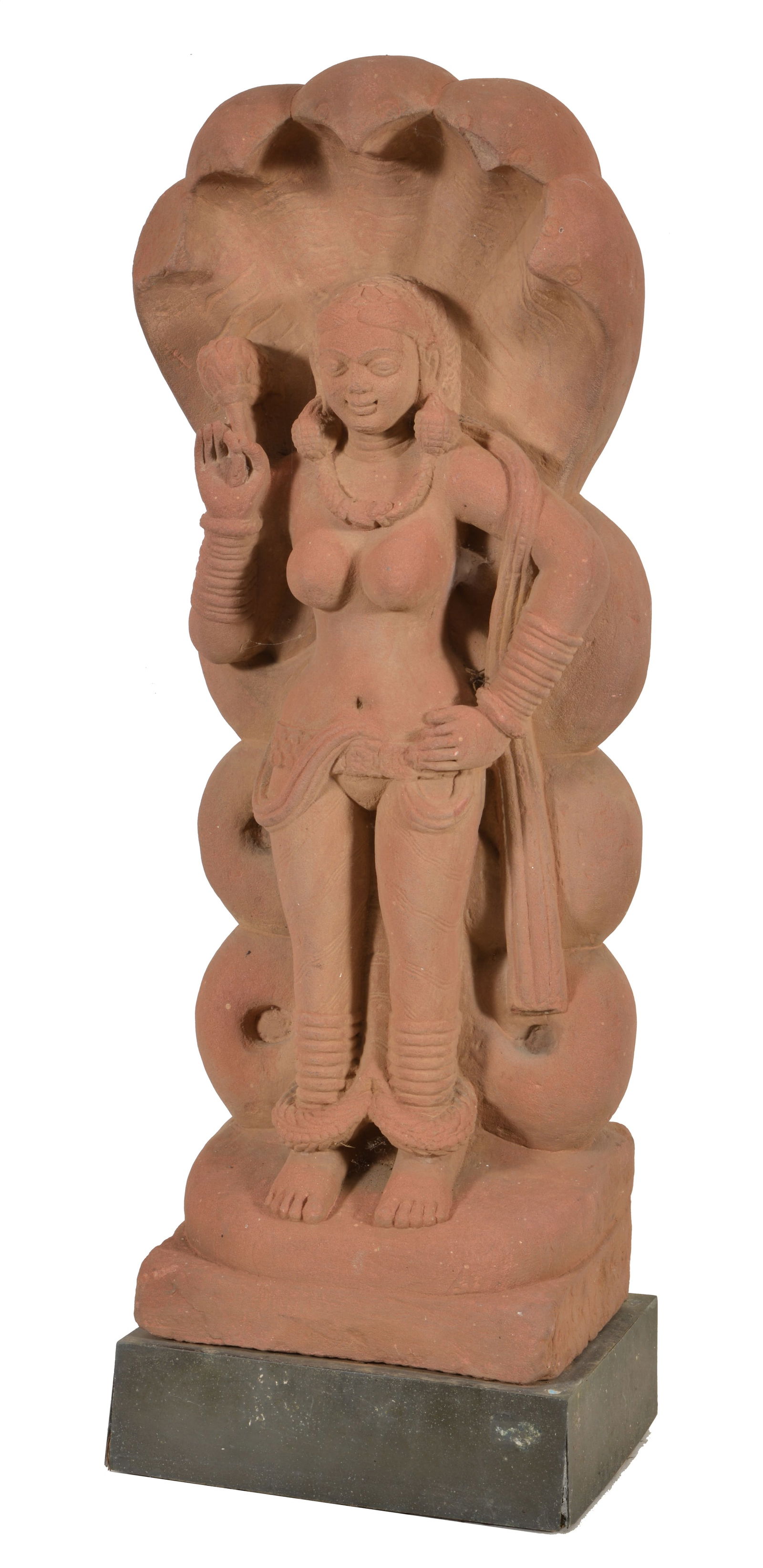 Carved red sandstone figure. India. 18th century. figure of a chauri bearer with a Nagaraja at the (1 of 12)