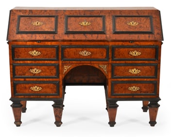 17th/18th century Italian Baroque fall front writing desk with elaborate burl wood panels. Raised